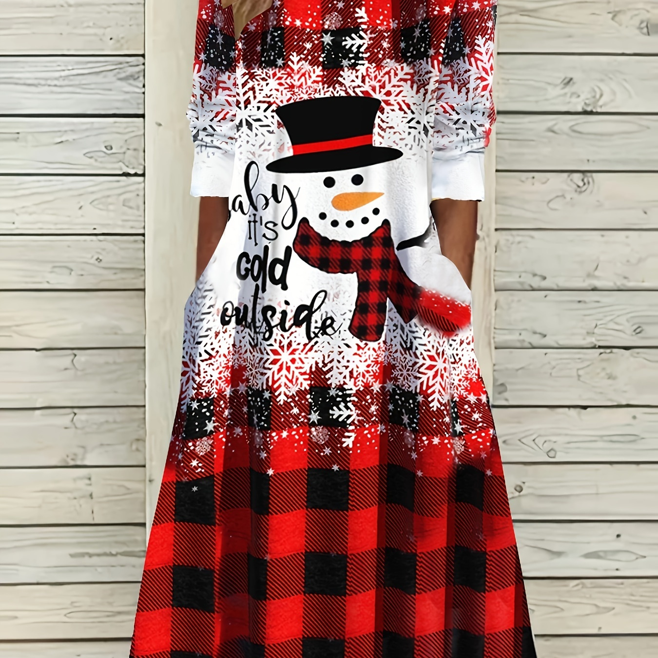 

Plus Size Christmas Dress, Women's Plus Snowman & Slogan Print 3 Quarter Sleeve Notched Neck Knee Length Dress