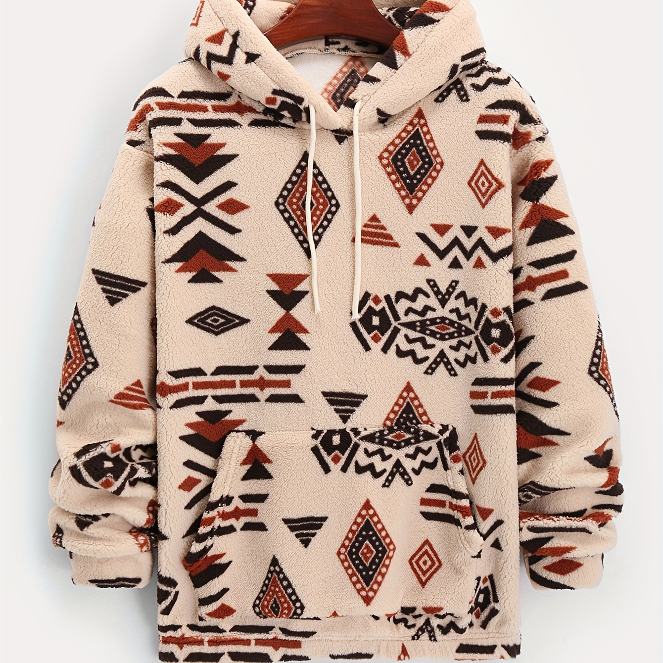 

Geometric Pattern, Men's Loose Polar Fleece Hoodie For Winter & Fall, Hooded Sweatshirt With Drawstring And Kangaroo Pocket