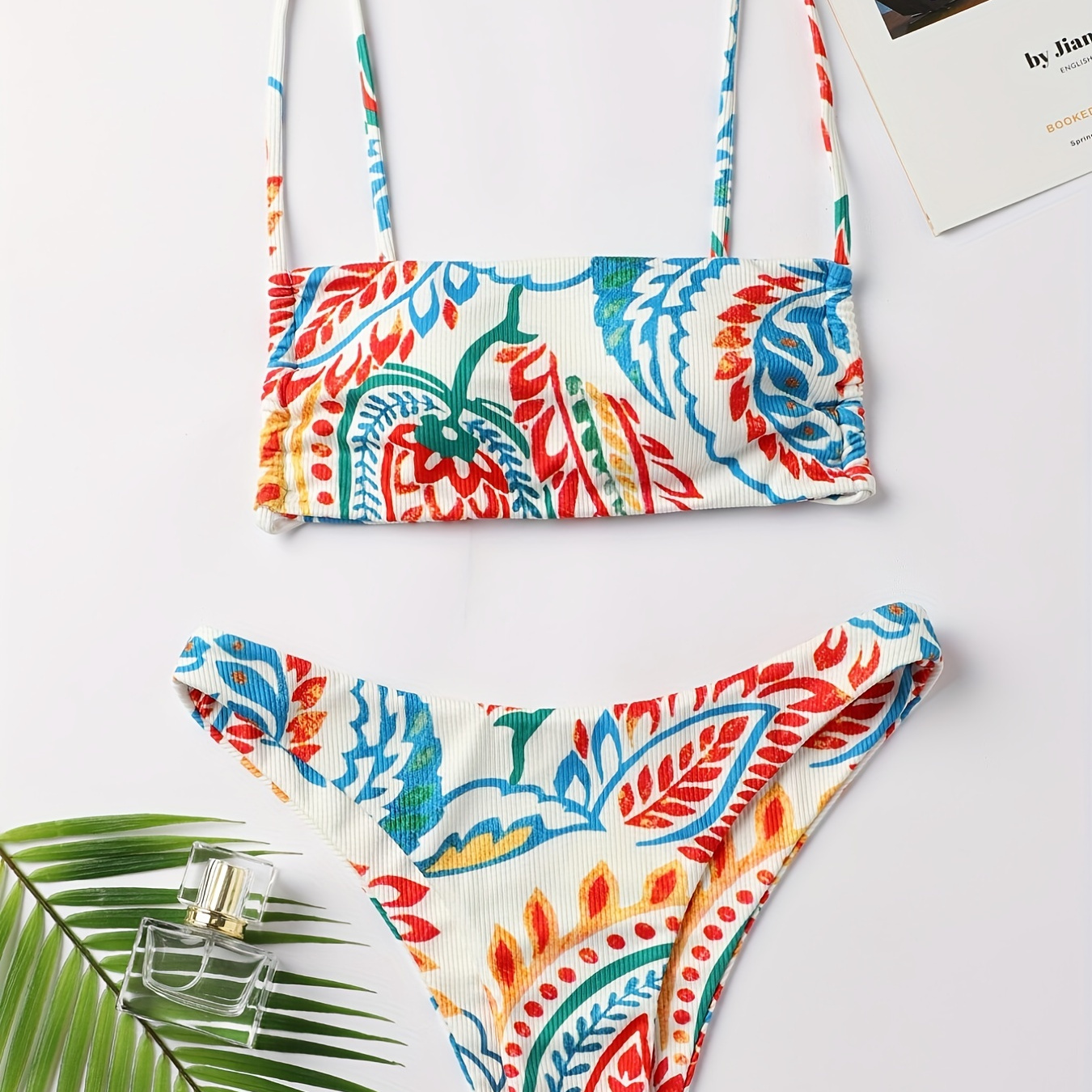 

Plant Print Spaghetti Straps Tie Back Swimsuit, High Strech Colorful Rib Knit 2 Piece Bikini, Women's Swimwear & Clothing