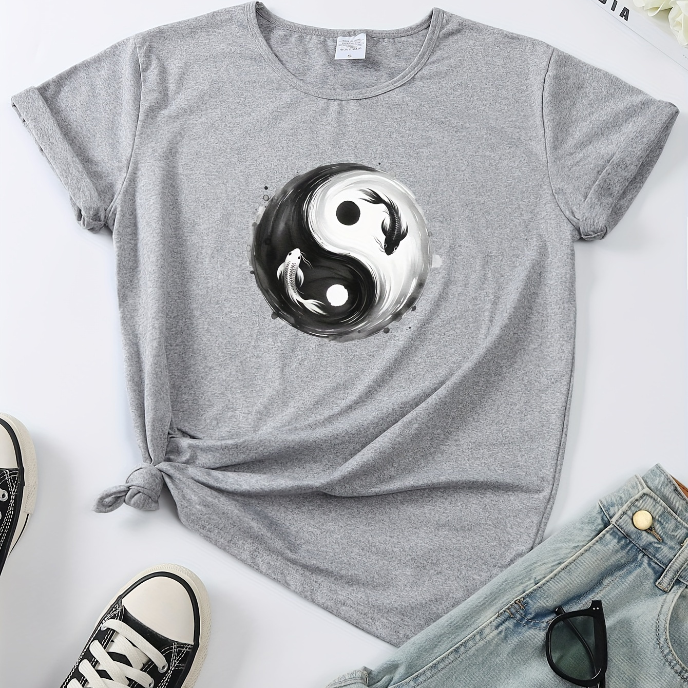 

Tai Chi Print T-shirt, Short Sleeve Crew Neck Casual Top For Summer & Spring, Women's Clothing