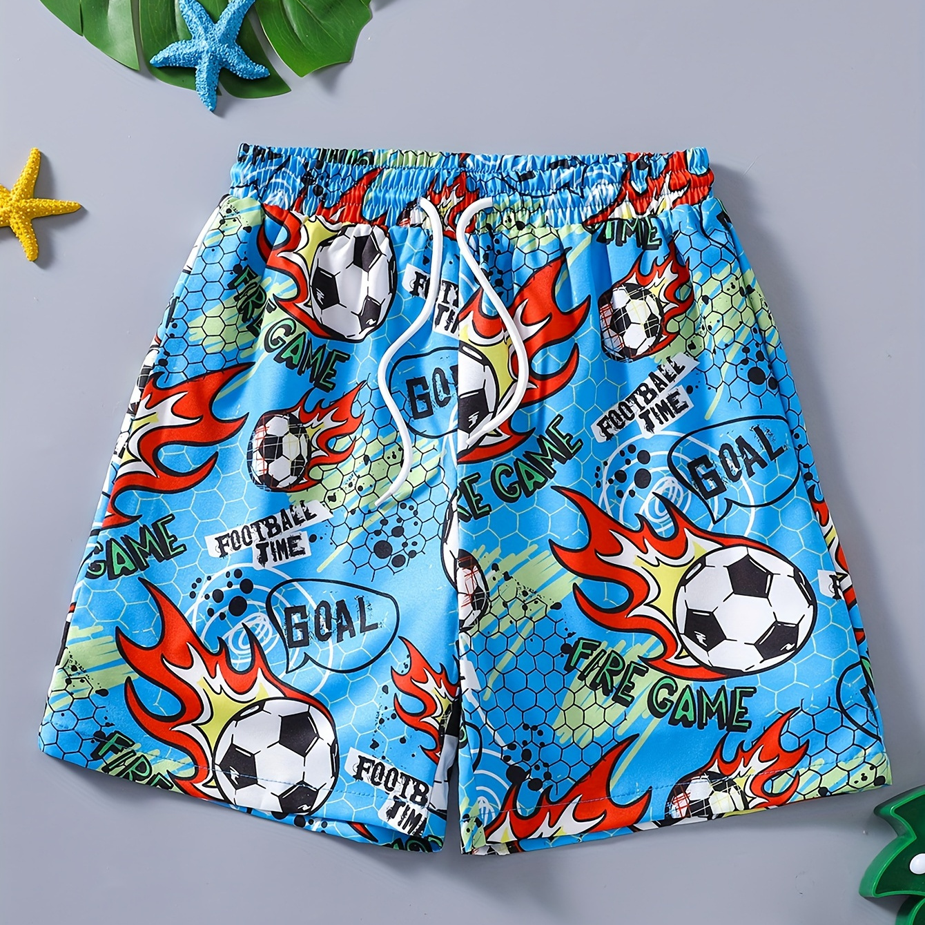 

Cartoon Soccer Pattern Quick Dry Swim Trunks For Boys, Elastic Waist Beach Shorts, Boys Swimwear For Summer Vacation