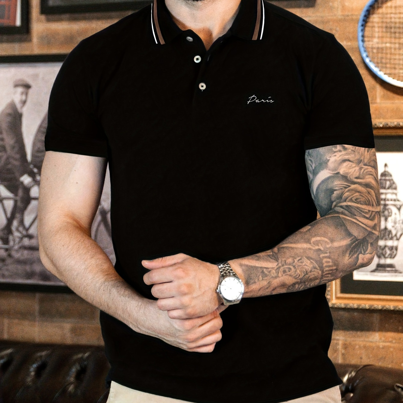 

Men's Striped Collar Design Short Sleeve Lapel Golf Shirts, Casual Style Slight Stretch Regular Fit Summer Tops, Summer Golf Shirts