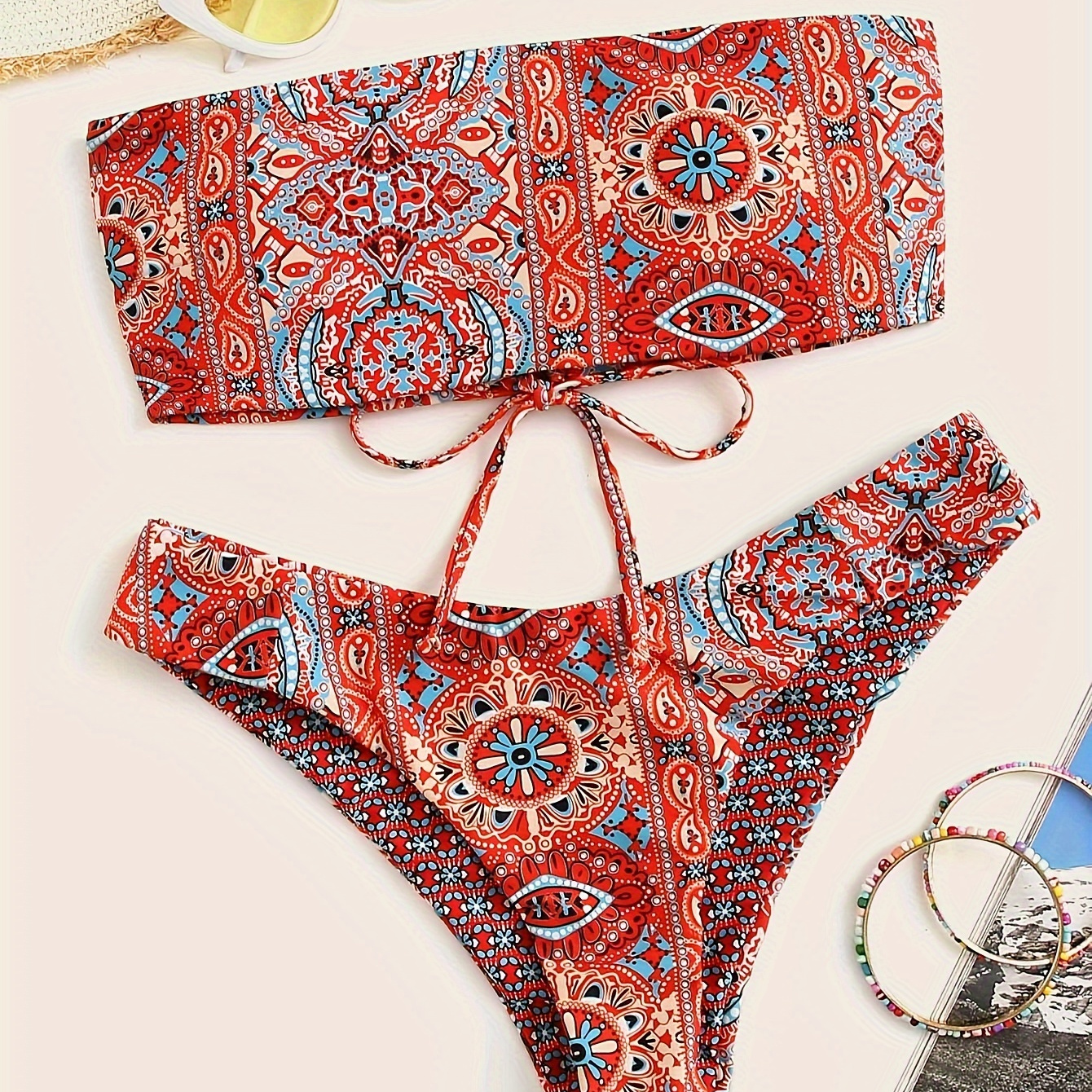 

Bohemian Style Bandeau Bikini Set, Women's Fashion Two-piece Swimsuit, Ethnic Print Beachwear