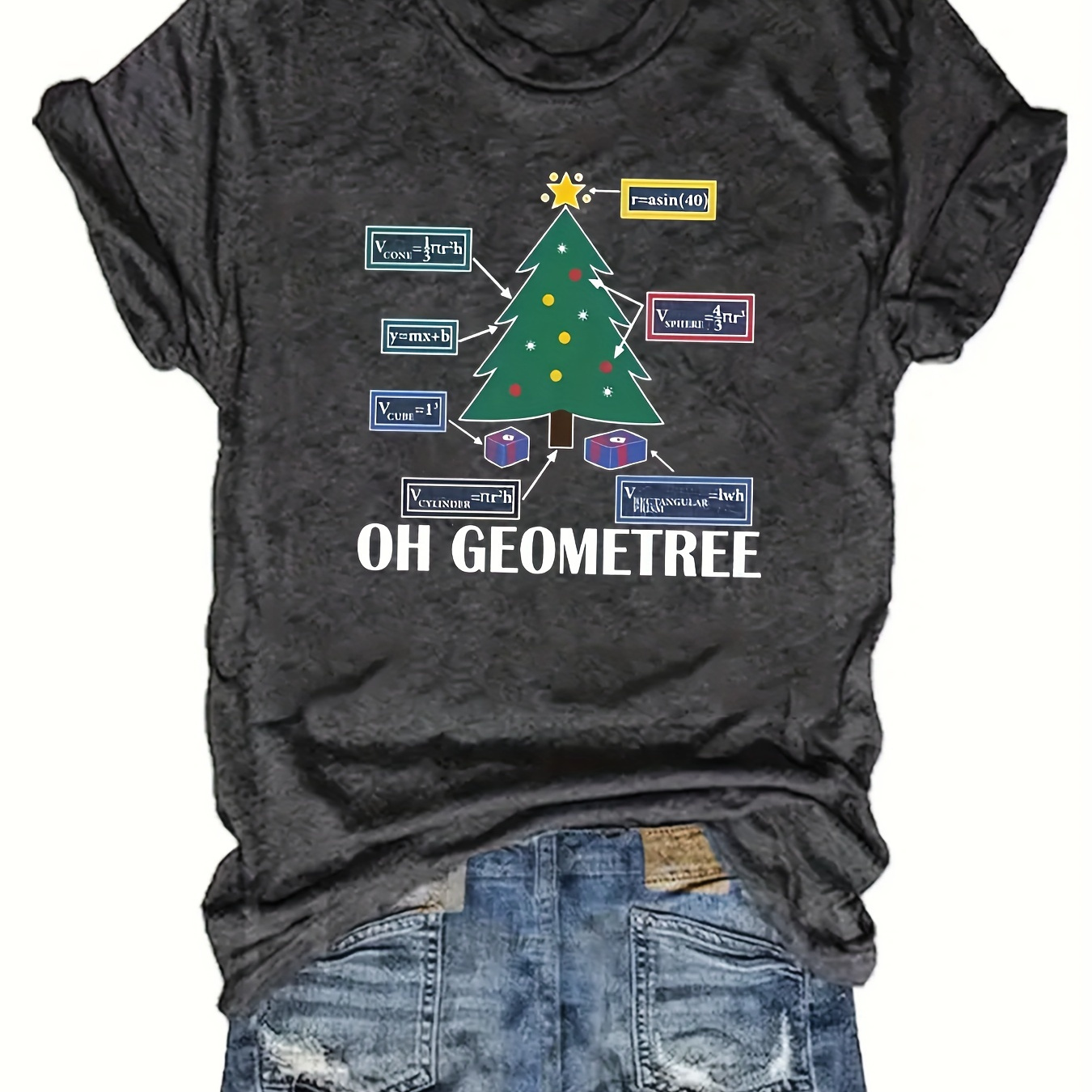 

1pc Women's Christmas Tree Graphic T-shirt - Polyester 60%, Rayon 35%, Spandex 5% - Crew Neck, Short Sleeve, Casual Top With Slight Stretch - , Pullover