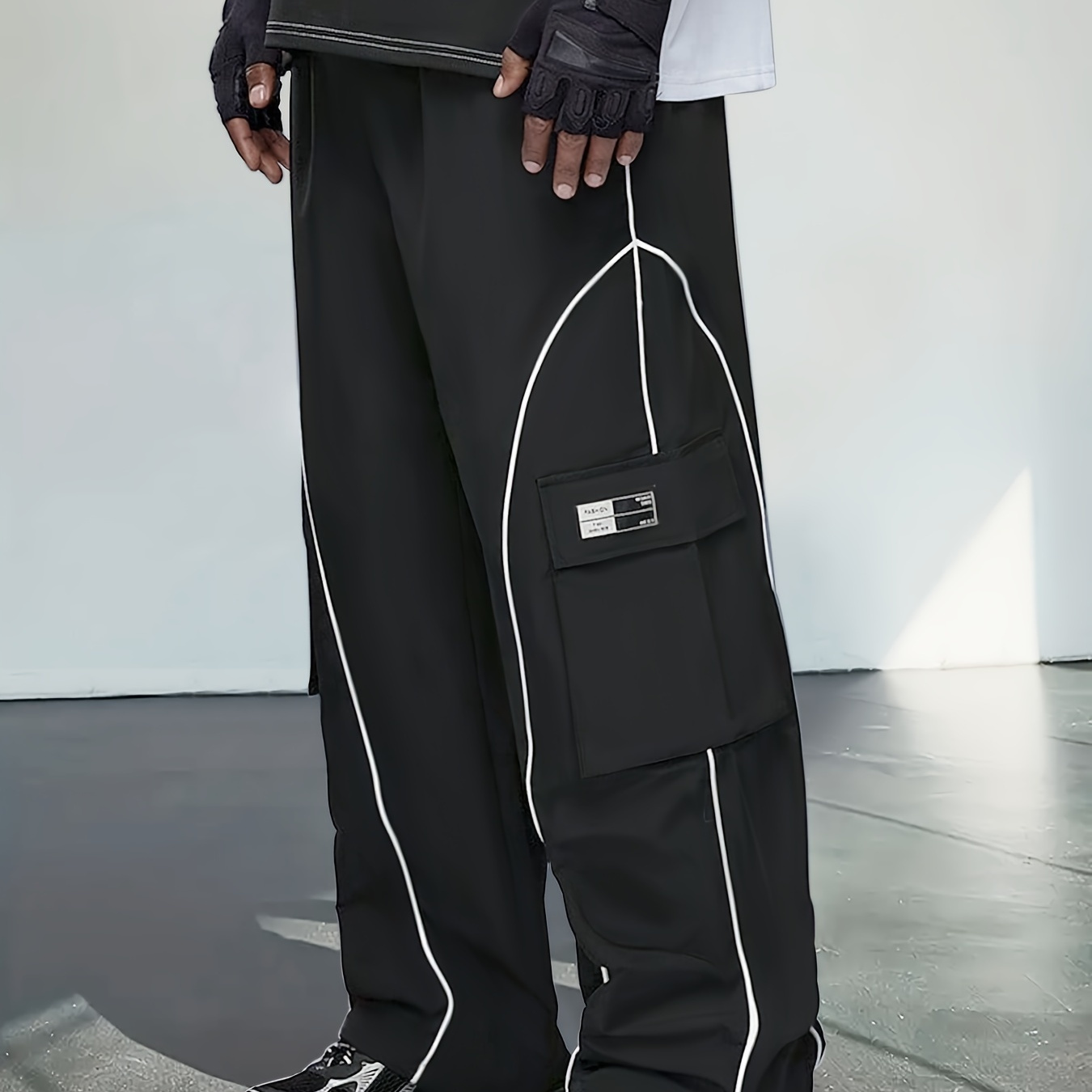 

Men's Black Pants With Contrast White Trim, Loose Fit Trousers With Drawstring And Pockets, Sporty Casual Spring/autumn Wear