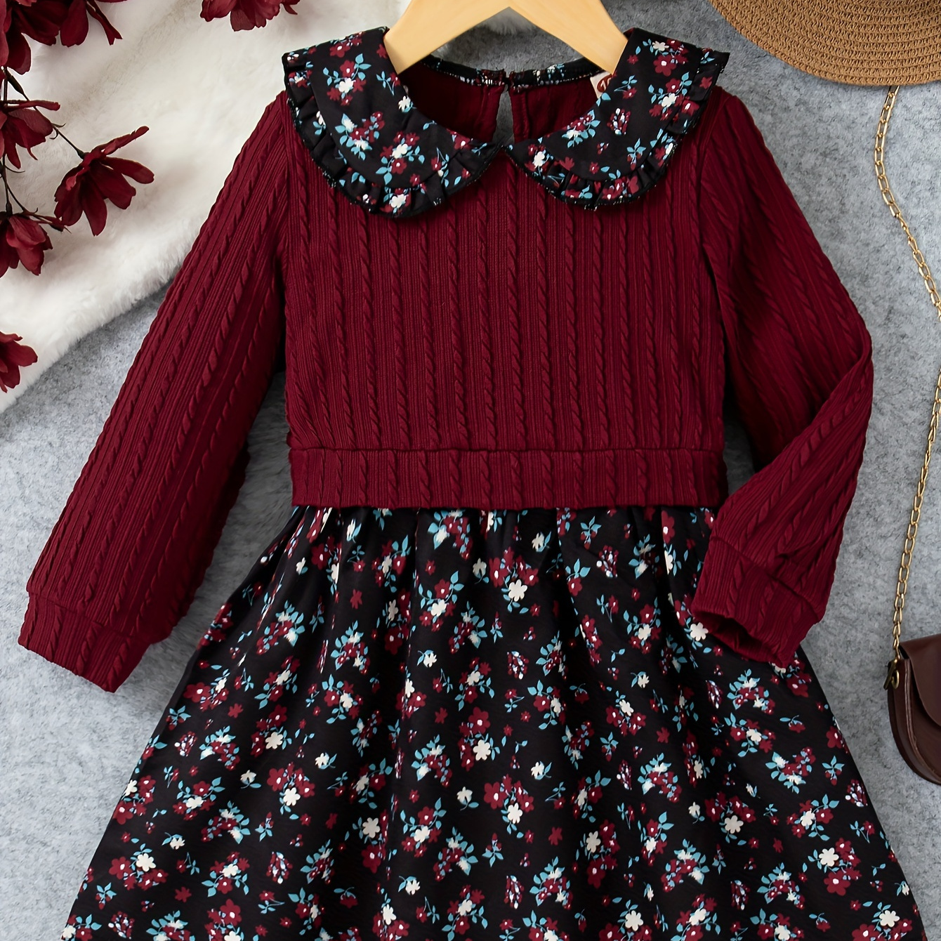 

Girls Vintage Floral School Party Dress, Contrast Knit Stitching Lapel Long Sleeve Knee Length Dress For Spring Fall