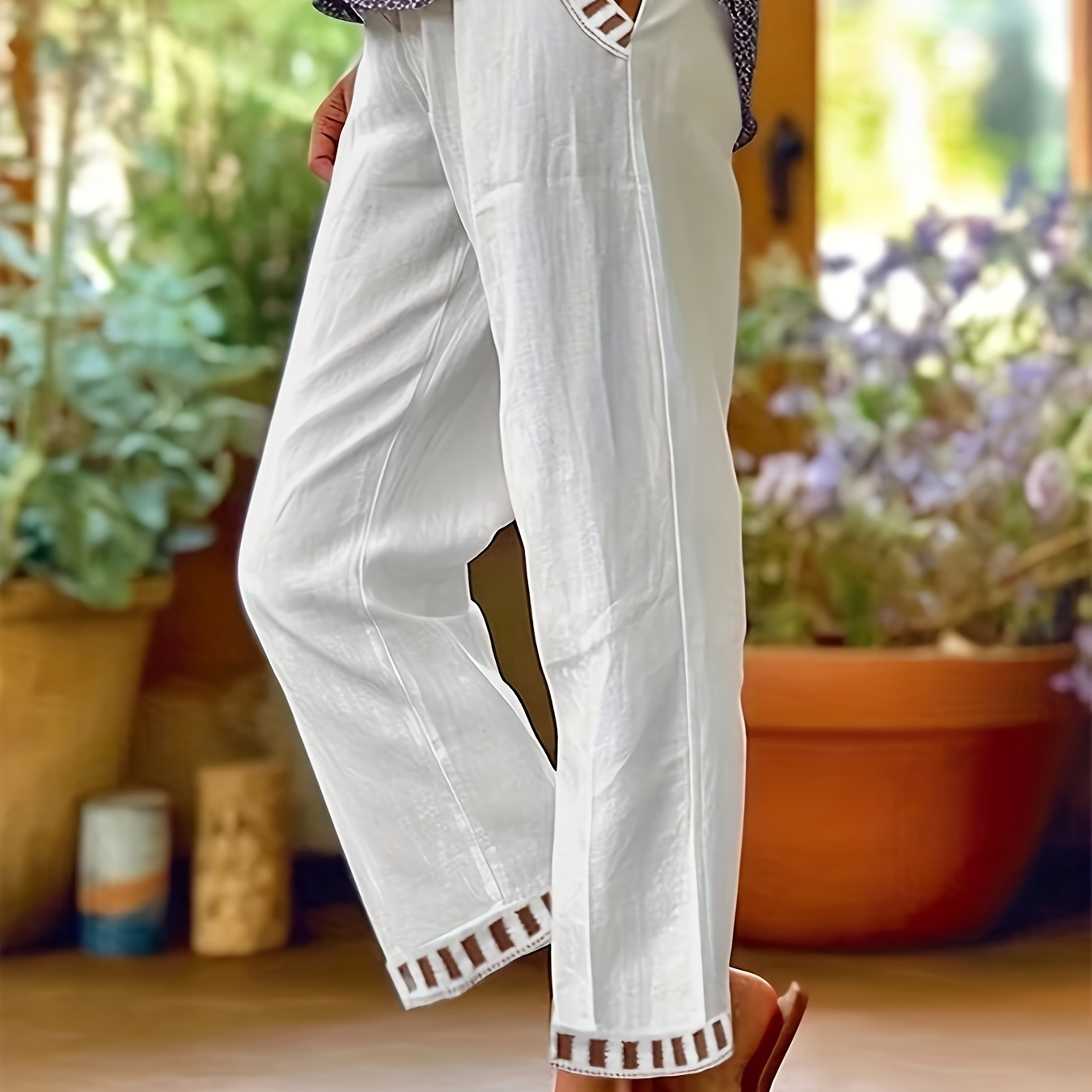 

Lace Trim Slant Pockets Straight Leg Pants, Casual & Versatile High Waist Pants For Spring & Summer, Women's Clothing