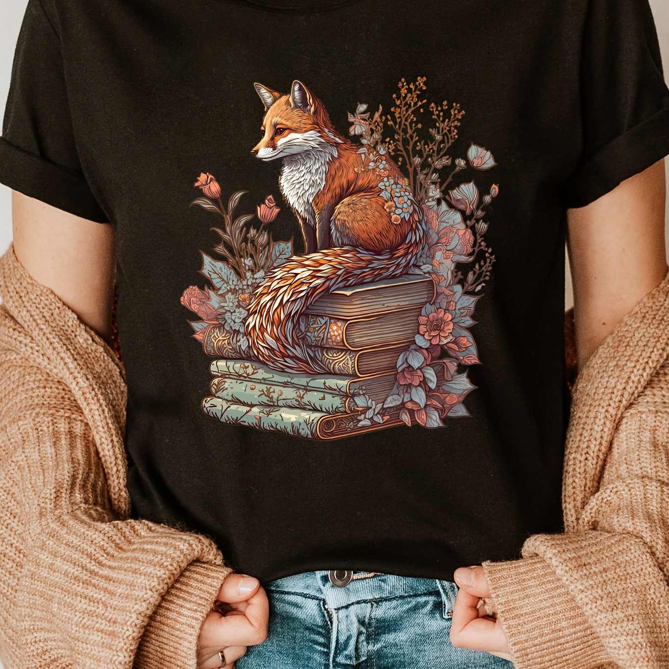

Books ＆ Fox Print Crew Neck T-shirt, Casual Short Sleeve T-shirt For Spring & Summer, Women's Clothing