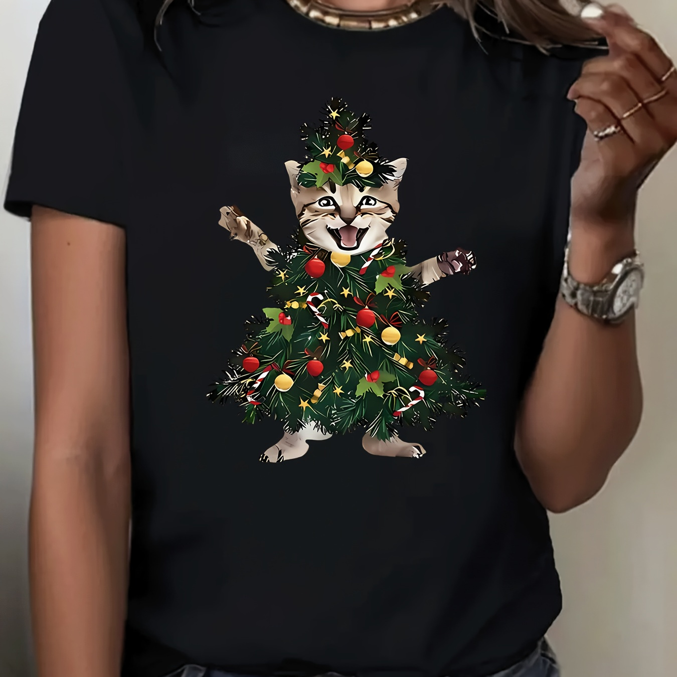 

[top-] Women's Christmas Cat T- - , , Polyester & Top For