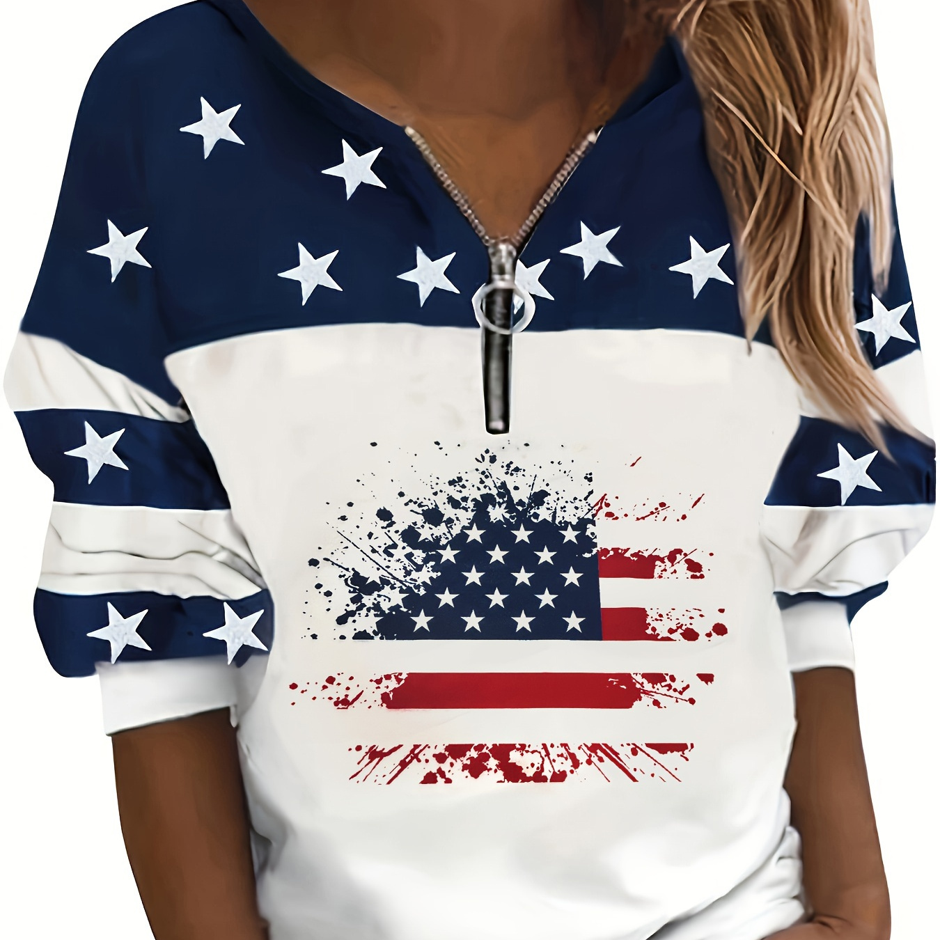 

Star Print Zip Front Sweatshirt, Casual Color Block Long Sleeve Sweatshirt, Women's Clothing