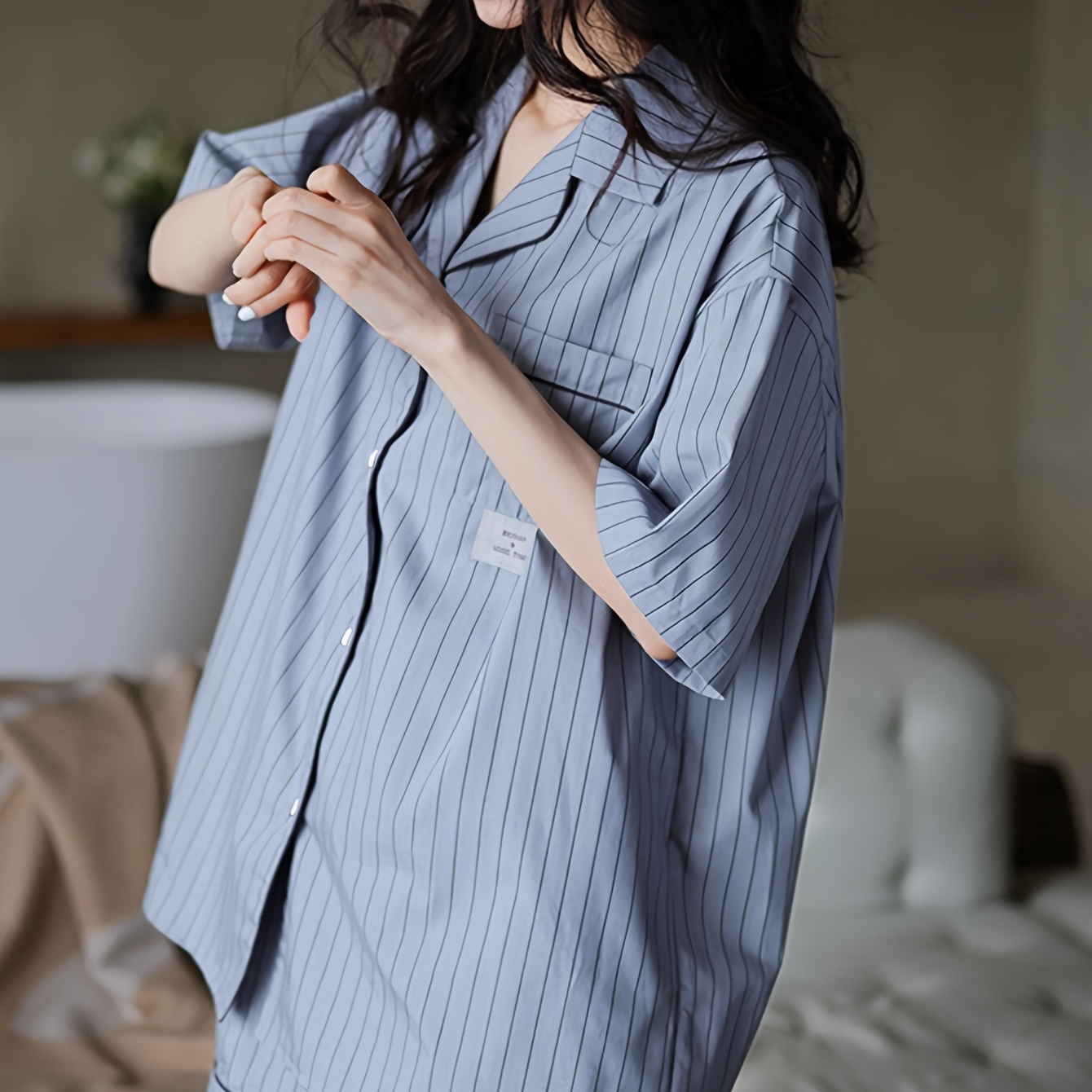 

Women's Stripe Print Patched Detail Casual Pajama Set, Short Sleeve Buttons Lapel Top & Shorts, Comfortable Relaxed Fit