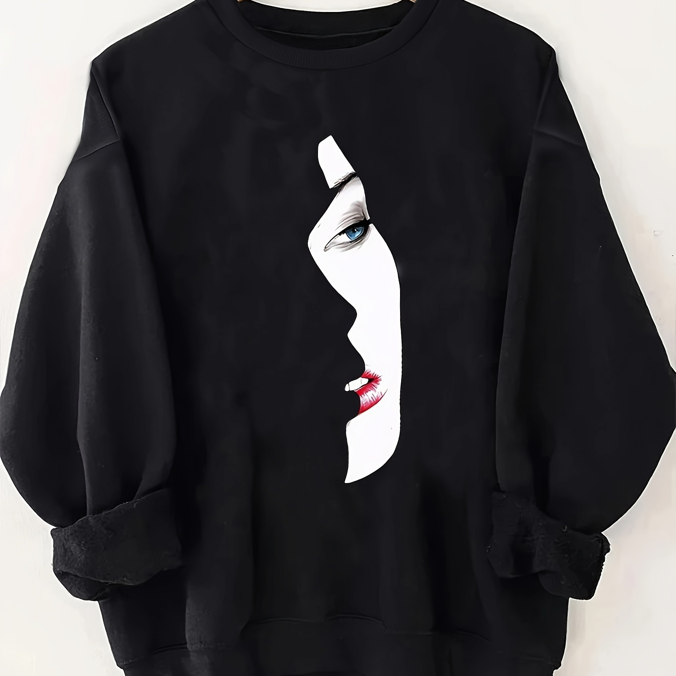 

Face Print Sweatshirt, Crew Neck Casual Sweatshirt For Fall & Spring, Women's Clothing