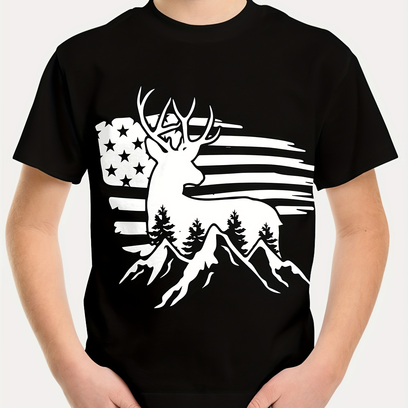 

Flag And Deer Print Boys Creative T-shirt, Casual Lightweight Comfy Short Sleeve Tee Tops, Boys Clothes For Summer