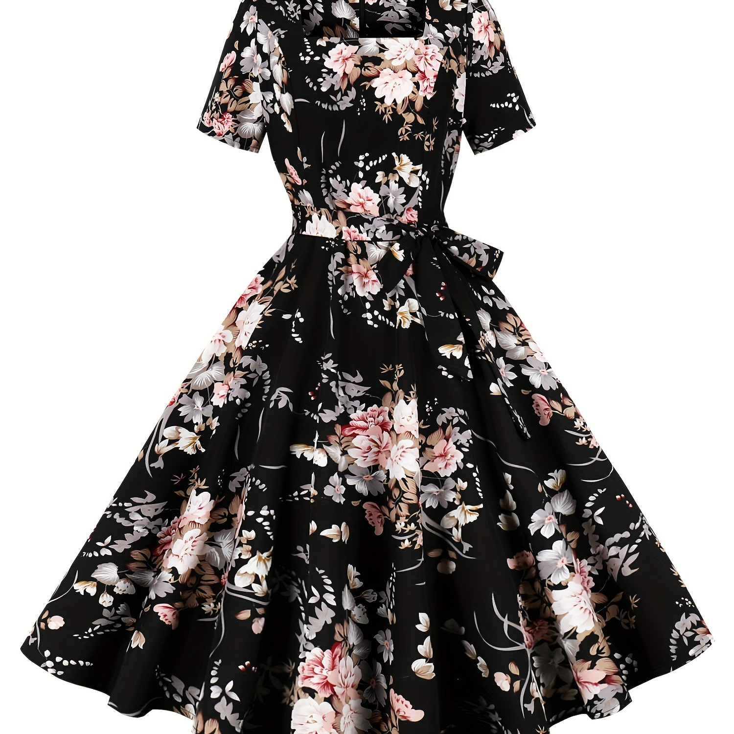 

Robe de Soirée Décontractée à Imprimé Floral Vintage avec Ceinture - , Manches Courtes, Design A-Line pour Femme - Polyester Lavable en Machine