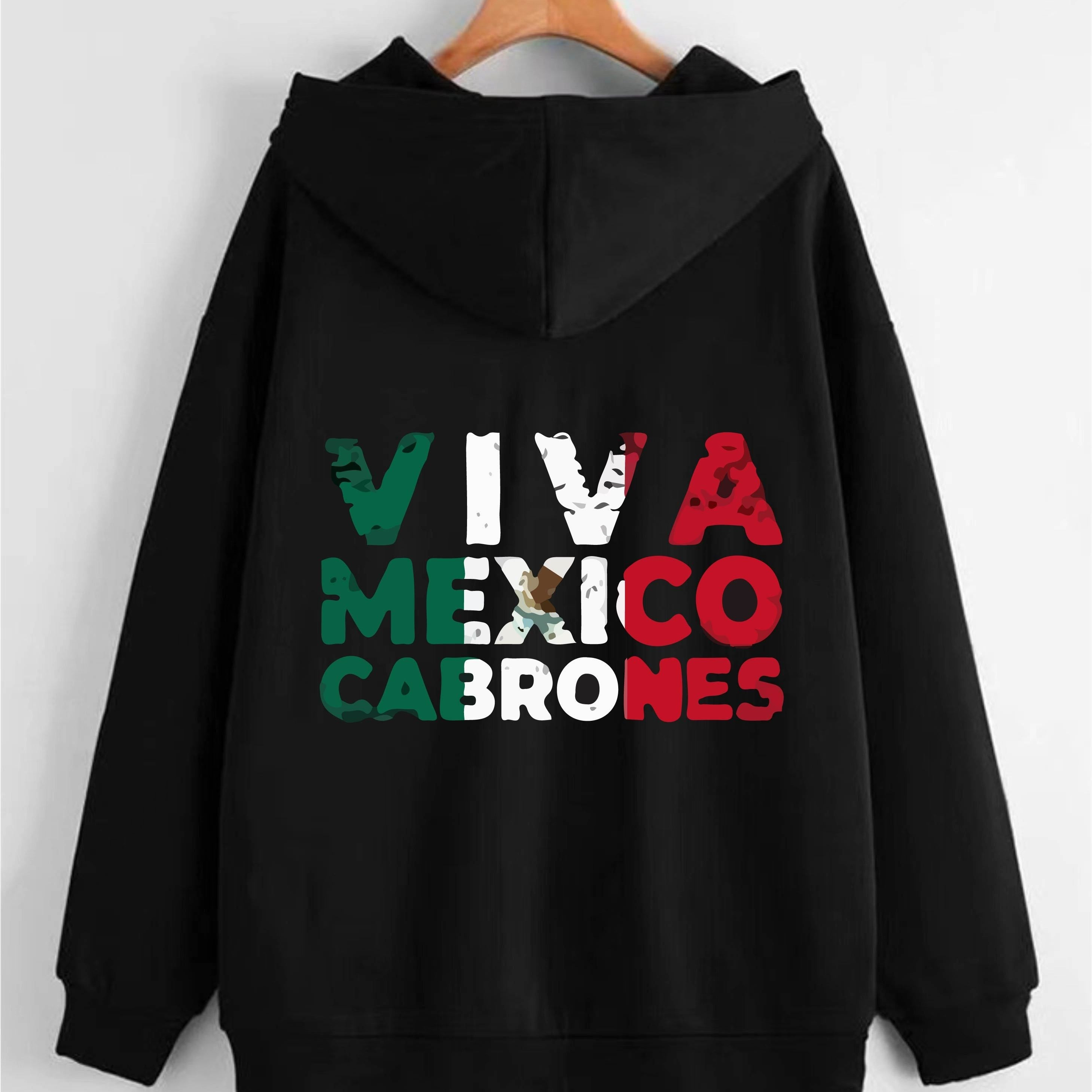 Plus Size Men's Mexican Flag Letters Print Hoodies Oversized Hooded Jacket For Fall Winter, Men's Clothing