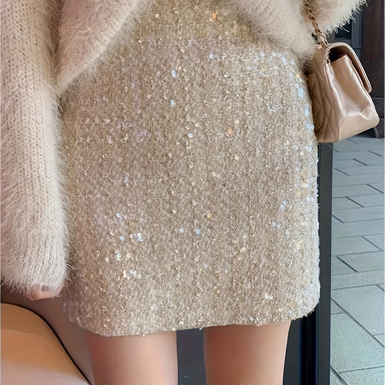 

Chic High-waist Sequin Skirt For Women - Fashionable Polyester, Non-stretch, Perfect For Fall/winter