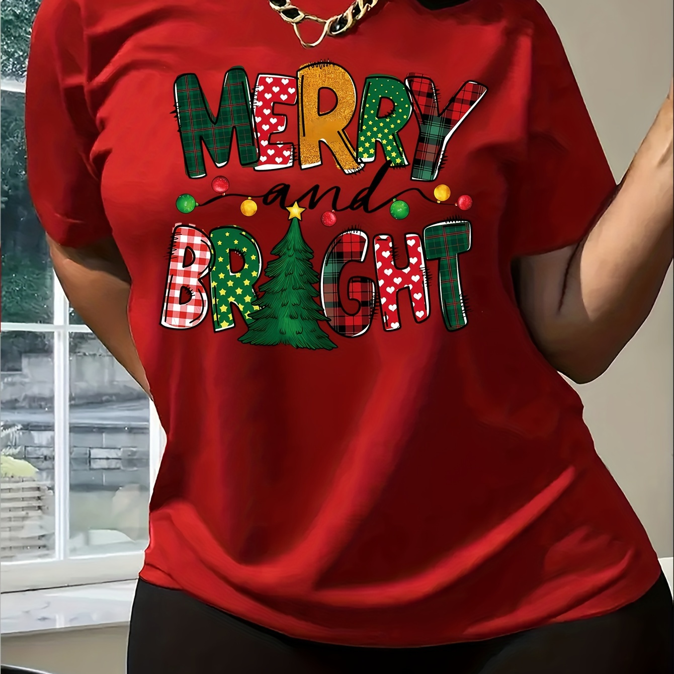 

Christmas Theme '' Graphic T-shirt - 100% Polyester Casual Crew Neck Tee For Women With Knit Fabric - Holiday Pattern Short Sleeve Top For All