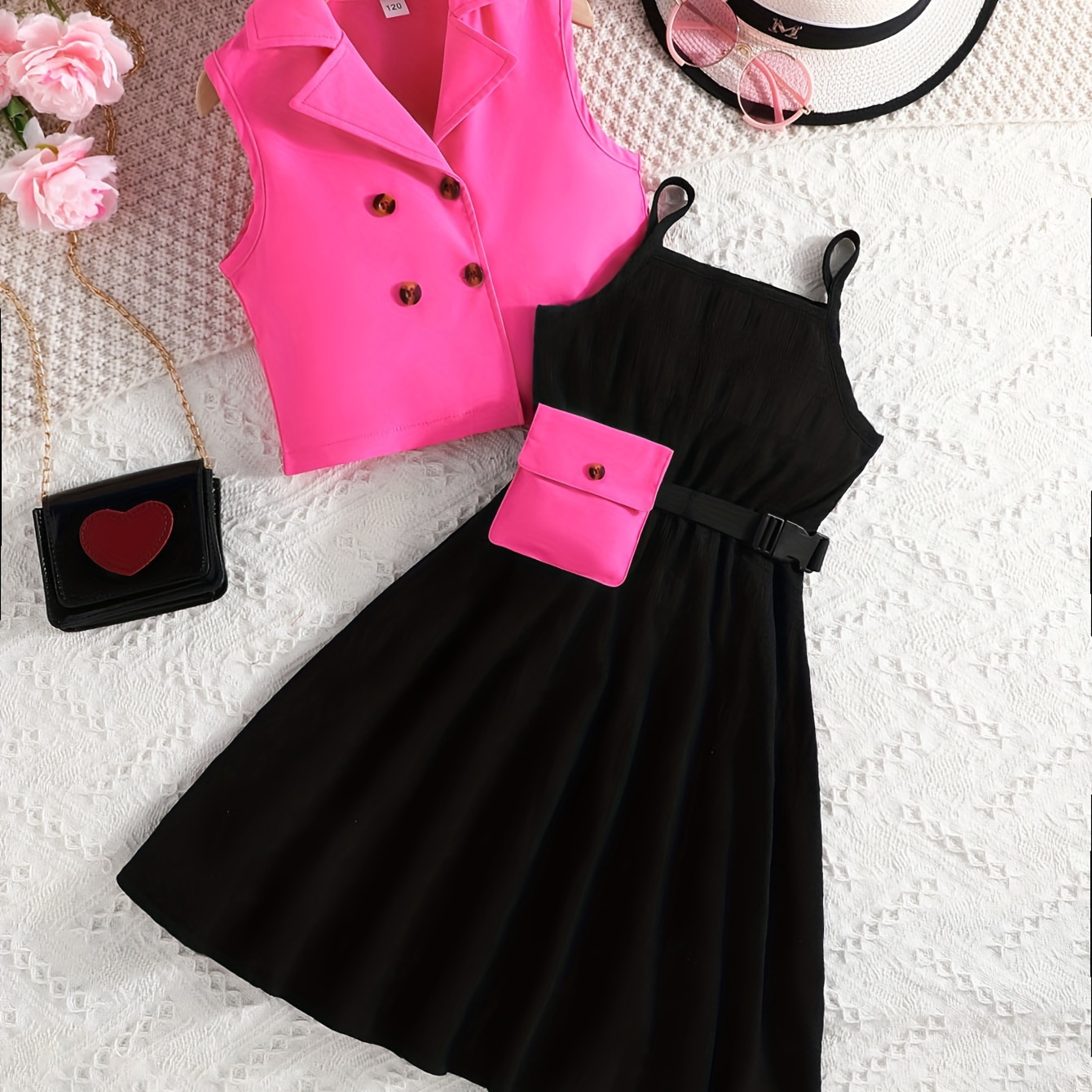

2pcs Girls, Solid Sleeveless Dress With Belt Bag + Sleeveless Jacket Set For Spring Summer Fall Christmas Gift