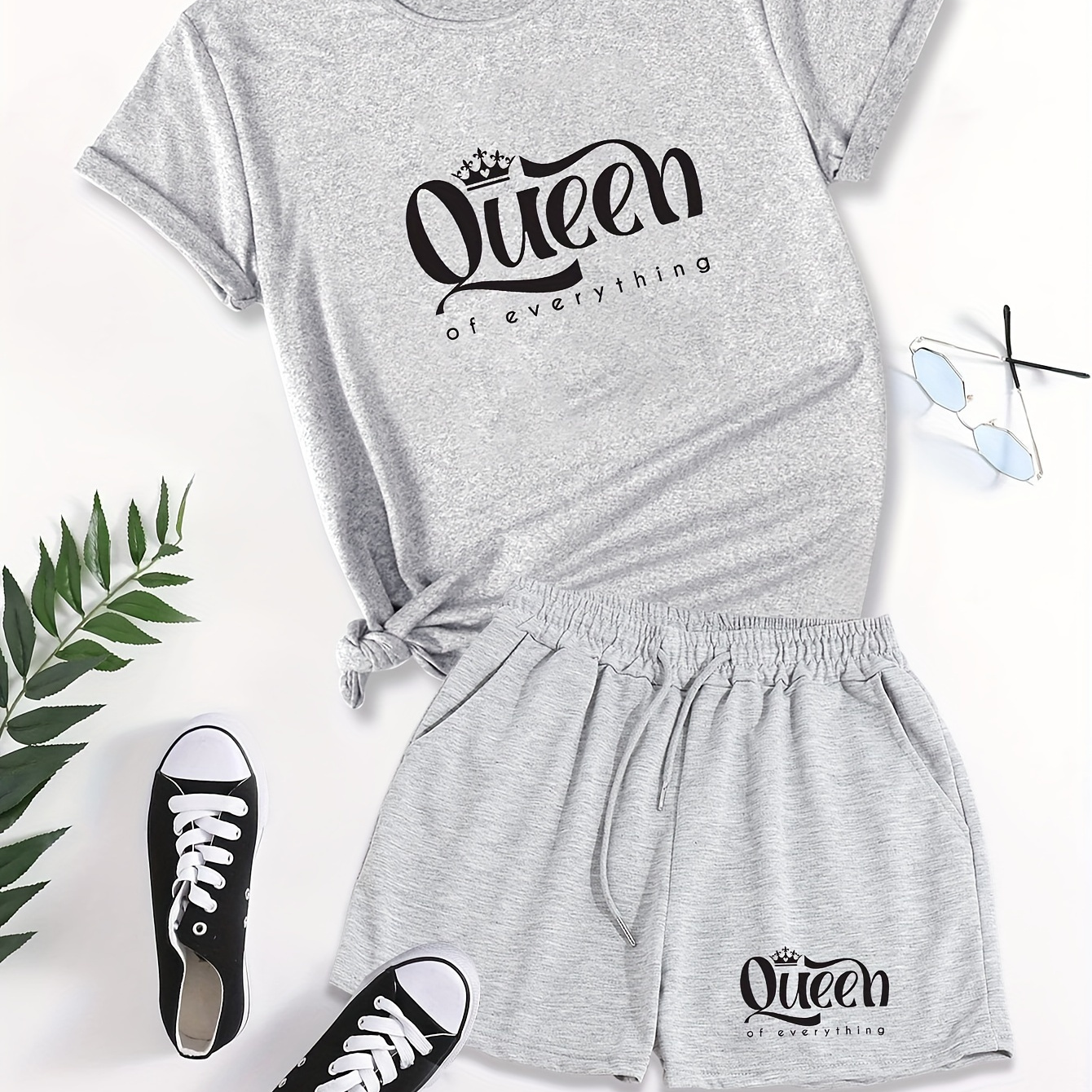 

Queen Print Casual Shorts Set, Crew Neck Short Sleeve T-shirt & Elastic Waist Slant Pocket Drawstring Shorts Outfits, Women's Clothing