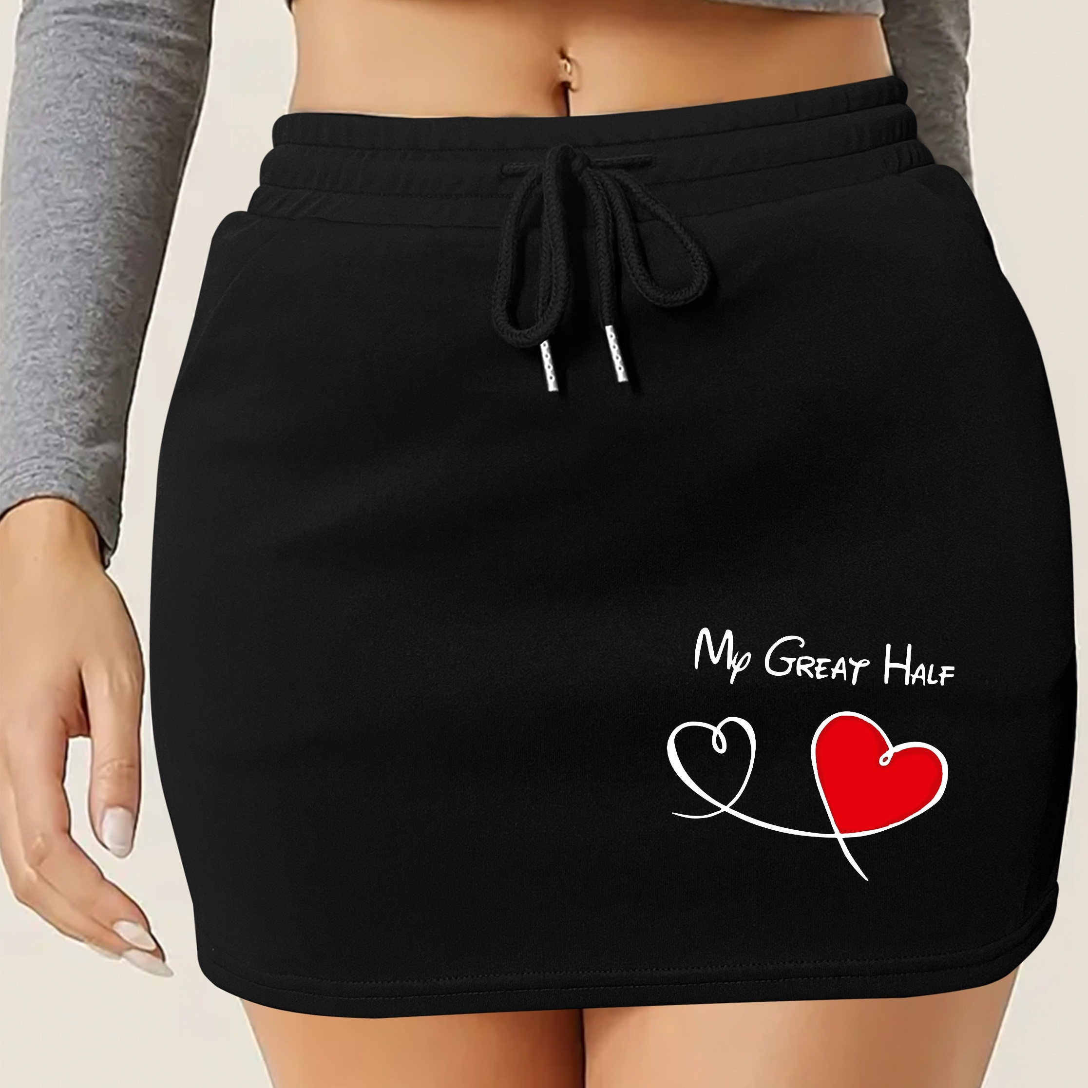 

Heart Print Slim Drawstring Skirt, Casual Elastic Waist Mini Skirt, Women's Clothing