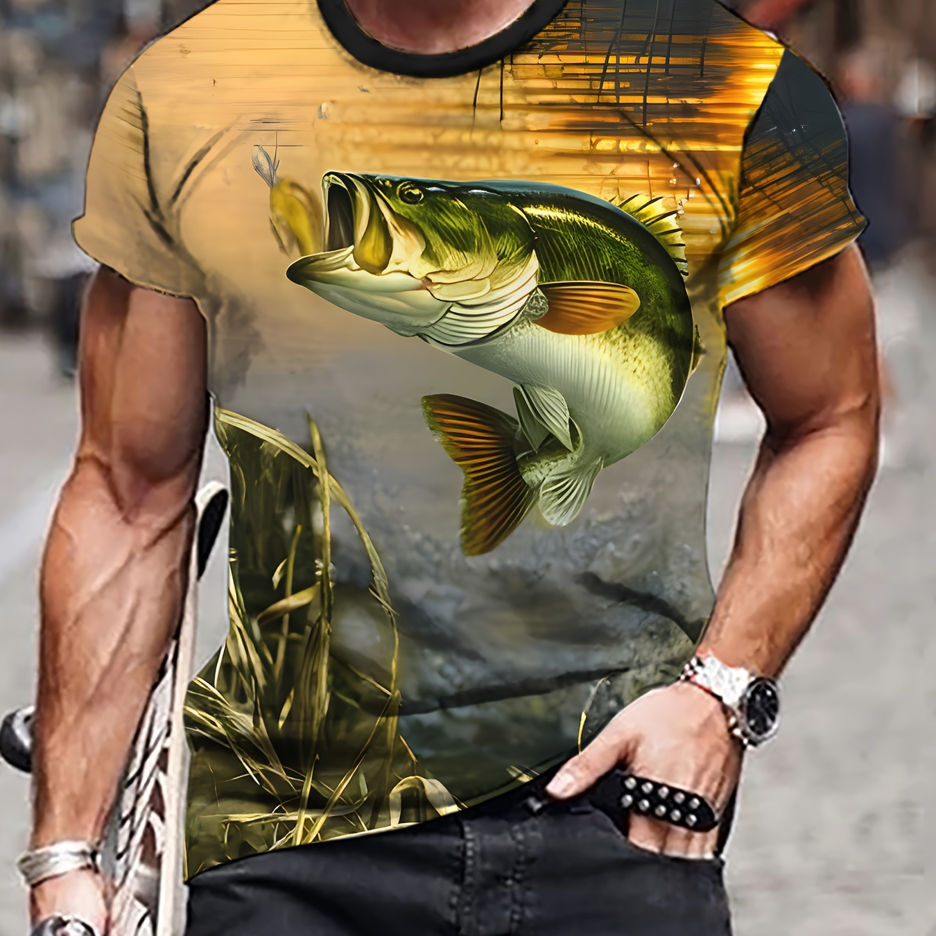 

Men's Fish Print T-shirt, Casual Short Sleeve Crew Neck Tee, Men's Clothing For Outdoor