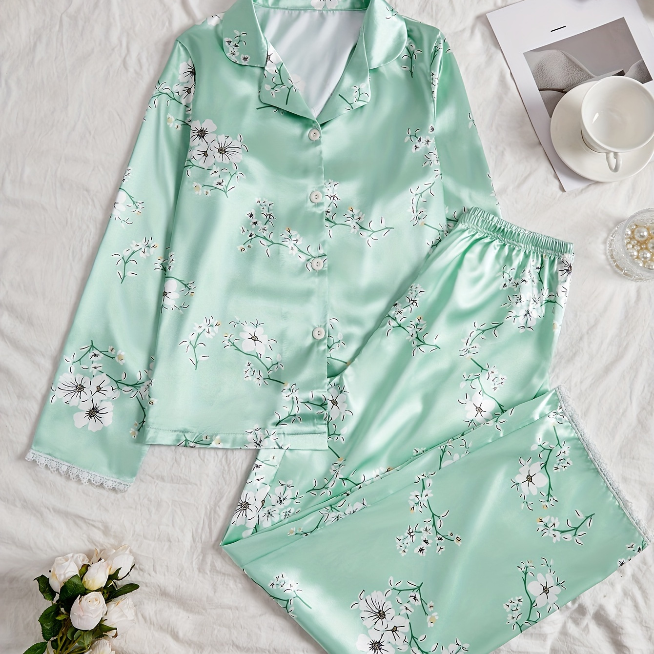 

Women's Elegant Floral Print Silky Pajama Set, Long Sleeve Buttons Lapel Top & Pants, Comfortable Relaxed Fit For Autumn & Winter