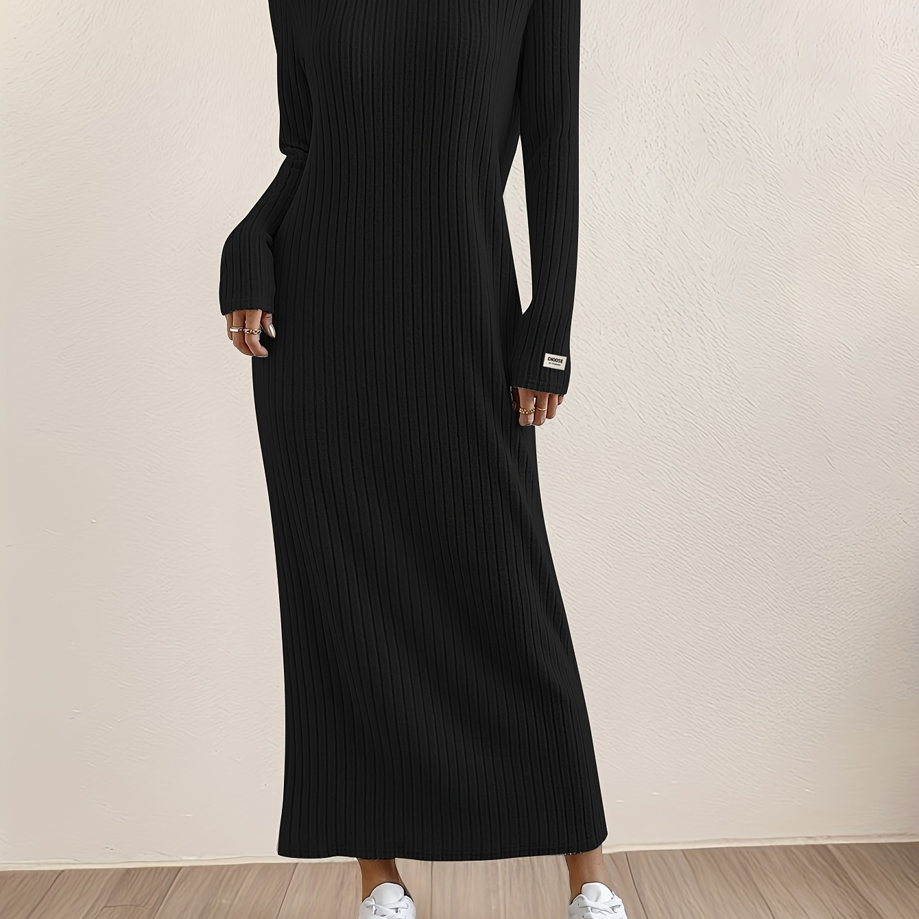 

Women's Olive Green Long Sleeve Knit Midi Dress - Casual Round Neck, Ribbed Detail, Machine Washable, For Home Or Outdoor Wear