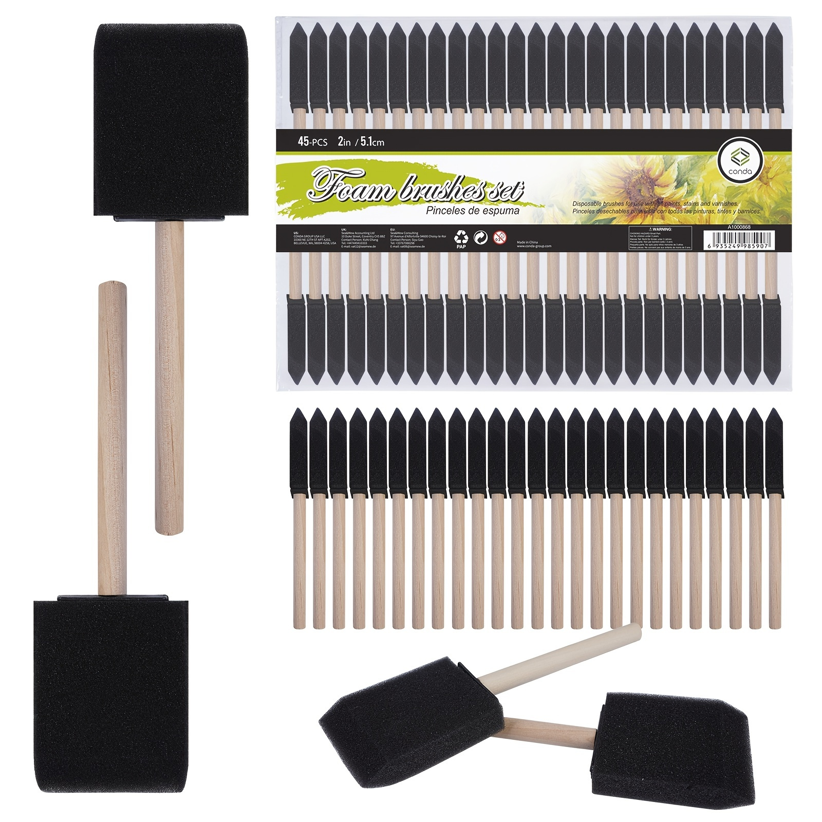 

Conda 45 Packs 2 Inch Assorted Foam Brush Set Wood Handle Paint Brush Set- Lightweight, Durable, Great For Acrylics, Stains, Varnishes, Crafts