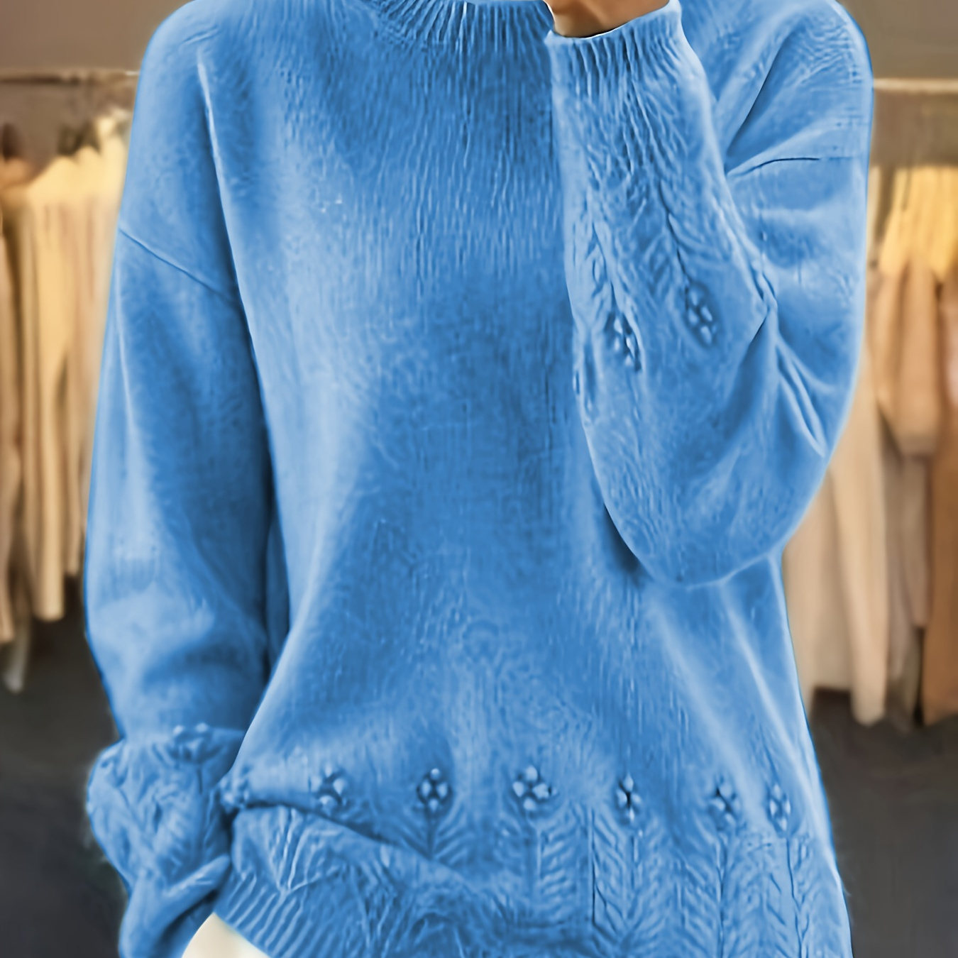 

Pull à manches longues à épaules tombantes, pull décontracté à col rond de couleur unie pour l'hiver et l'automne, vêtements pour femmes