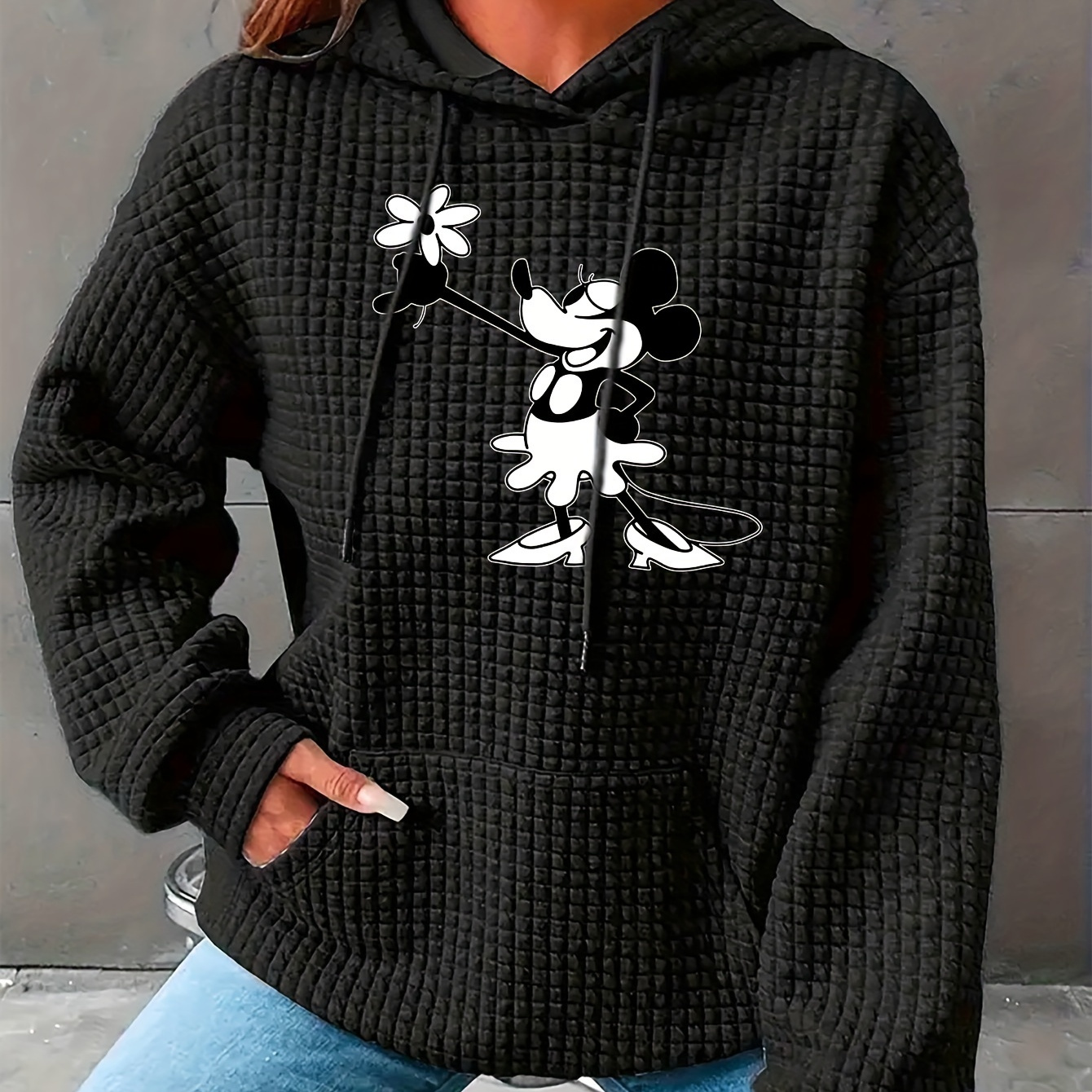 

Women's Cozy Waffle-knit Hoodie With Cartoon Mouse Print - Casual Long Sleeve Pullover With Pockets, Fall & Winter