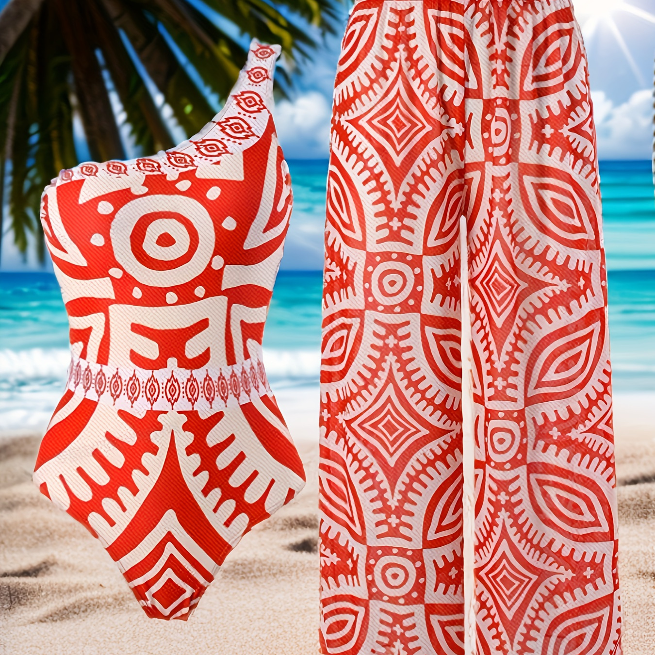 

Plus Size Elegant Swimwear Set, One-shoulder One-piece Swimsuit With Matching Cover-up Pants, Tribal Print Beachwear