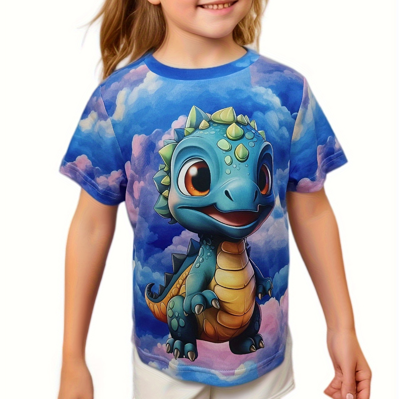 

Cute Cartoon 3d Dino Graphic Crew Neck Short Sleeve T-shirt Top For Girls/boys Summer Gift
