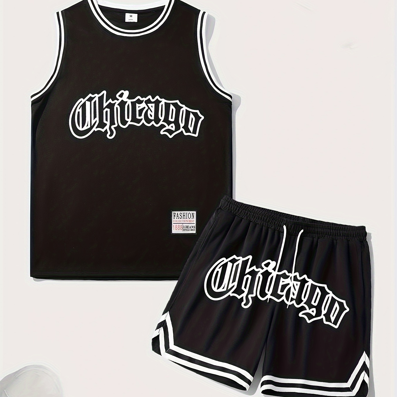 Men's 2 Piece Outfits, Chicago Letter Print, Striped Cuff Casual Graphic Tanktop And Loose Drawstring Shorts Set, Men's Clothing