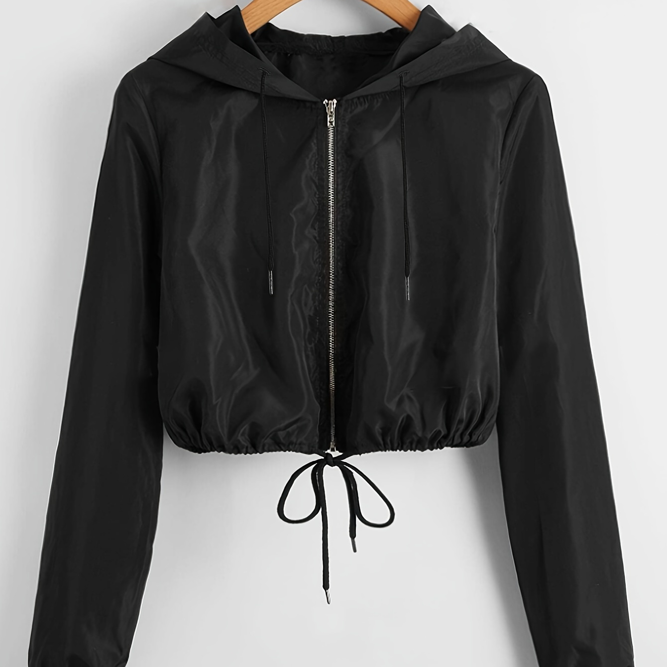 

Full Zip Drawstring Hooded Jacket, Casual Solid Color Long Sleeve Jacket For Spring & Fall, Women's Clothing