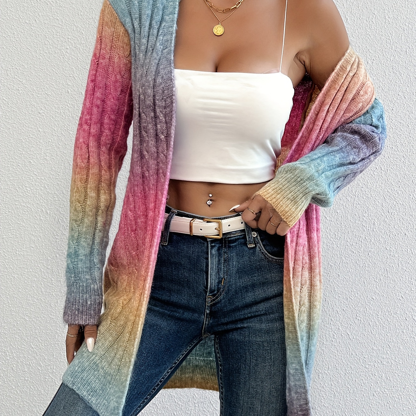 

Women's Gradient Cable Knit Open Front Cardigan - Long, Shoulder Sleeves, V-neck, Polyester, Cozy & Stylish For Fall/winter, |gradient Design|long Sleeves