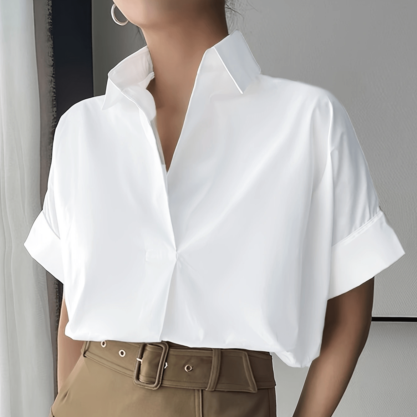 

Solid Color Collared Simple Blouse, Elegant Loose Short Sleeve Blouse For Office & Work, Women's Clothing