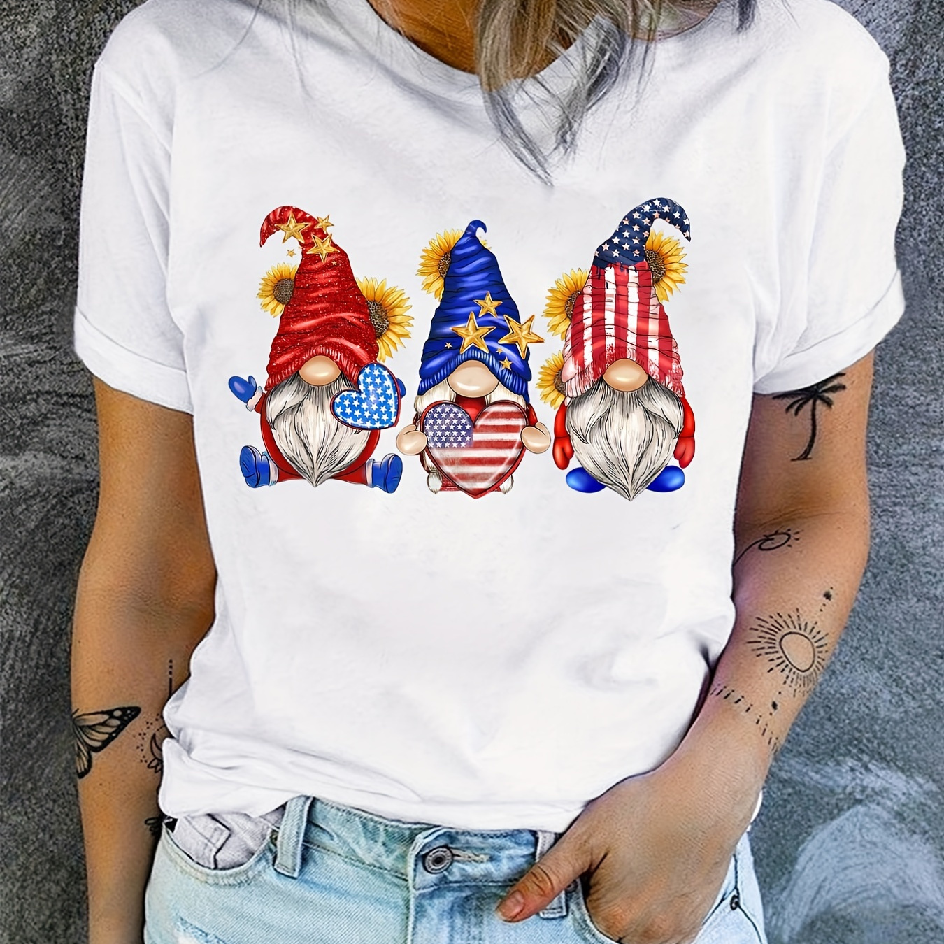 

Independence Day Gnomes Print T-shirt, Short Sleeve Crew Neck Casual Top For Summer & Spring, Women's Clothing