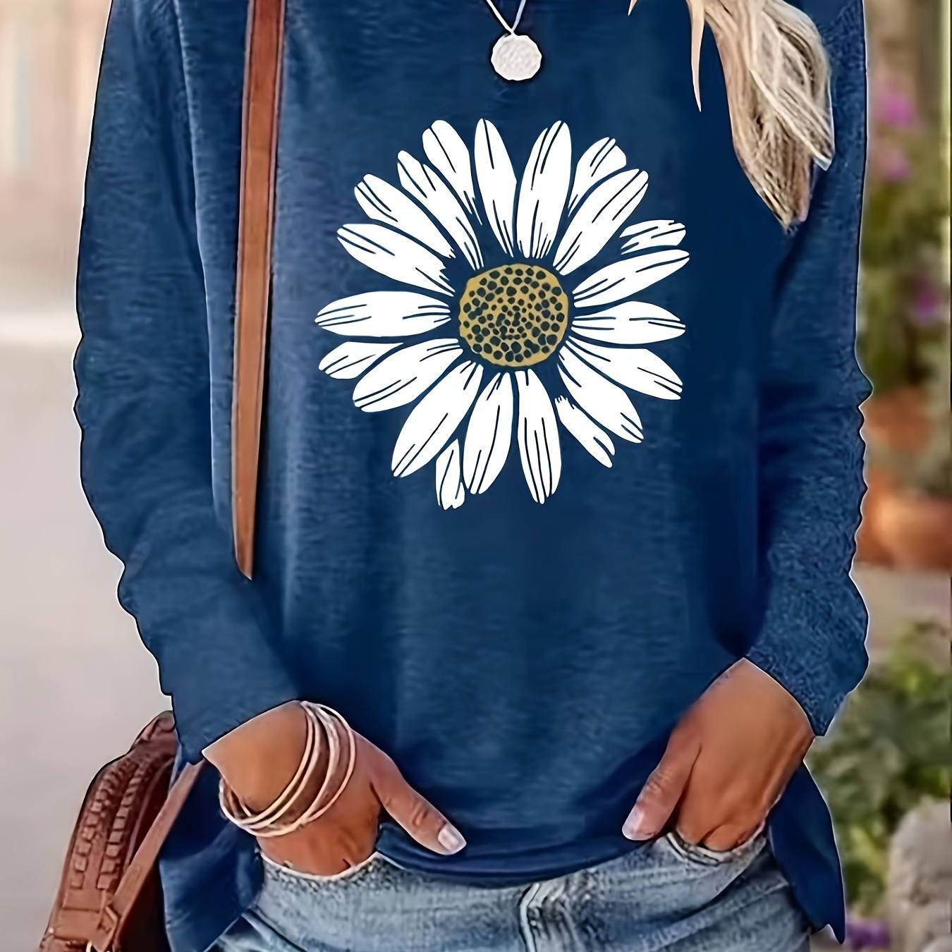 

Floral Print Crew Neck T-shirt, Casual Long Sleeve Top For Spring & Fall, Women's Clothing