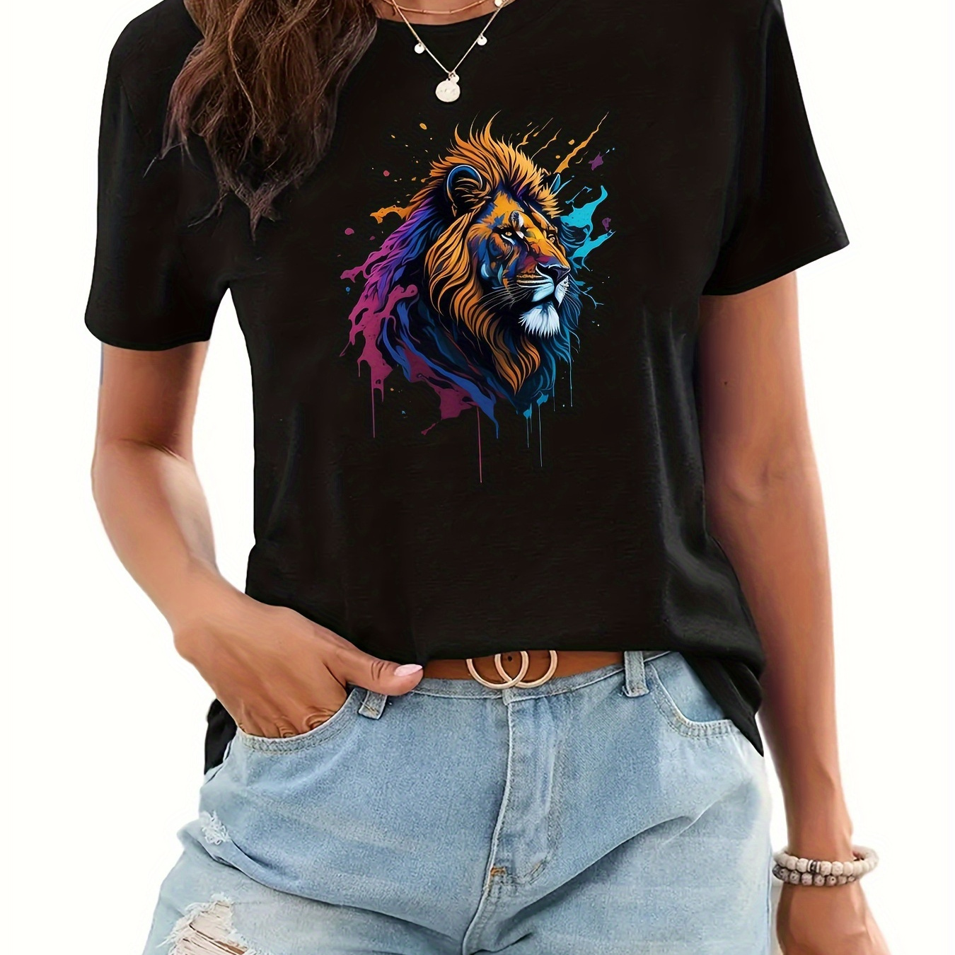 

Lion Print Crew Neck T-shirt, Short Sleeve Casual Top For Summer & Spring, Women's Clothing
