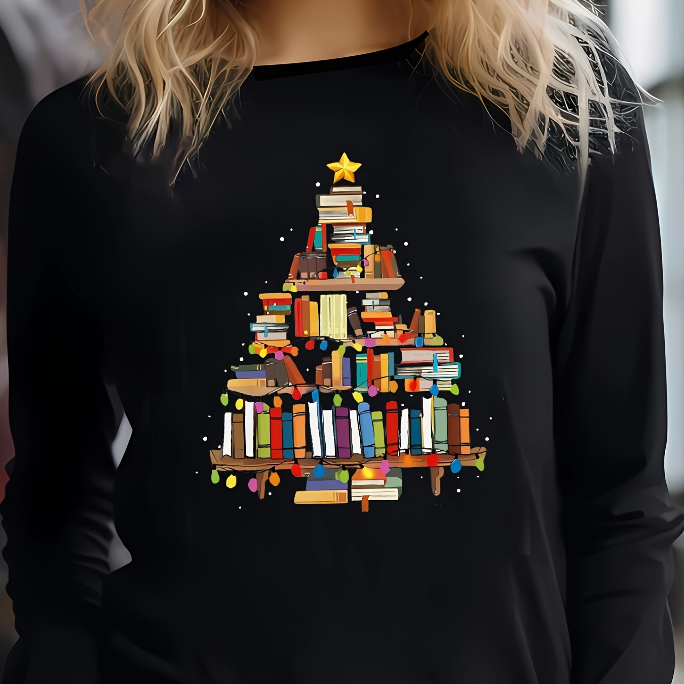 

Women's Casual Fashion Long Sleeve T-shirt With Unique Book Christmas - Crew Neck, Soft Polyester , Machine Washable