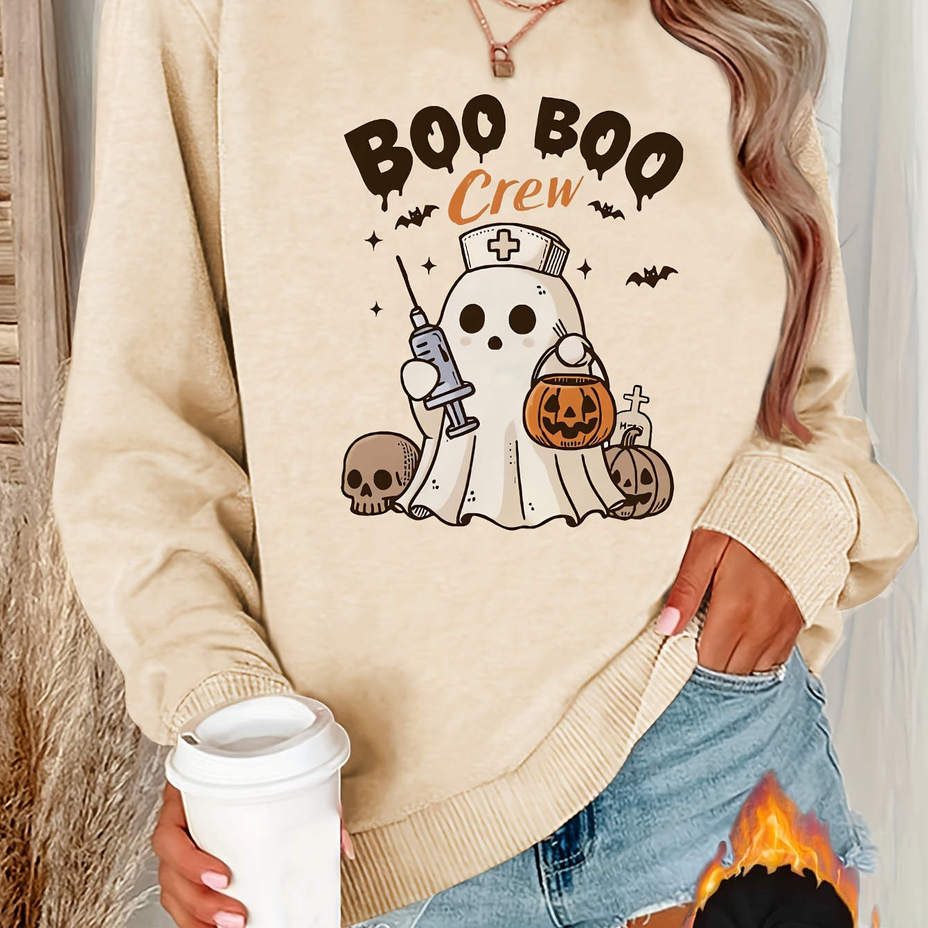 

Festive Crew Sweatshirt: Spooky Nurse Design, Soft Fleece, Round Neck, Women's Casual Wear