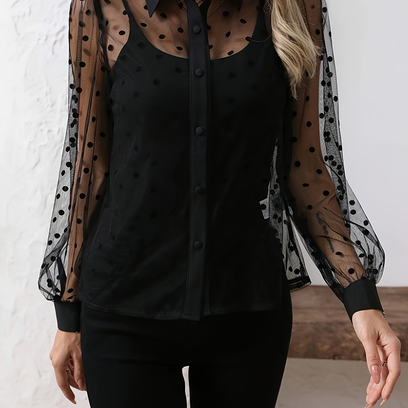 

Elegant Solid Color Button-down Shirt With Sheer Mesh Shoulder Panels, Long Sleeve Polyester Blouse For Women - Woven, Adult Fashion Top For All