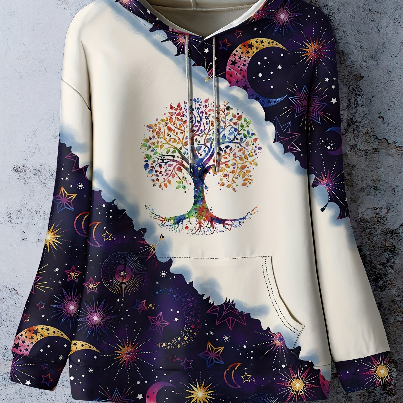 

Plus Size Bohemian Christmas Tree Print Hoodie With Kangaroo Pocket, Casual Long Sleeve Pullover With Drawstring Hood, Polyester And Elastane, Medium Stretch Knit Fabric For All