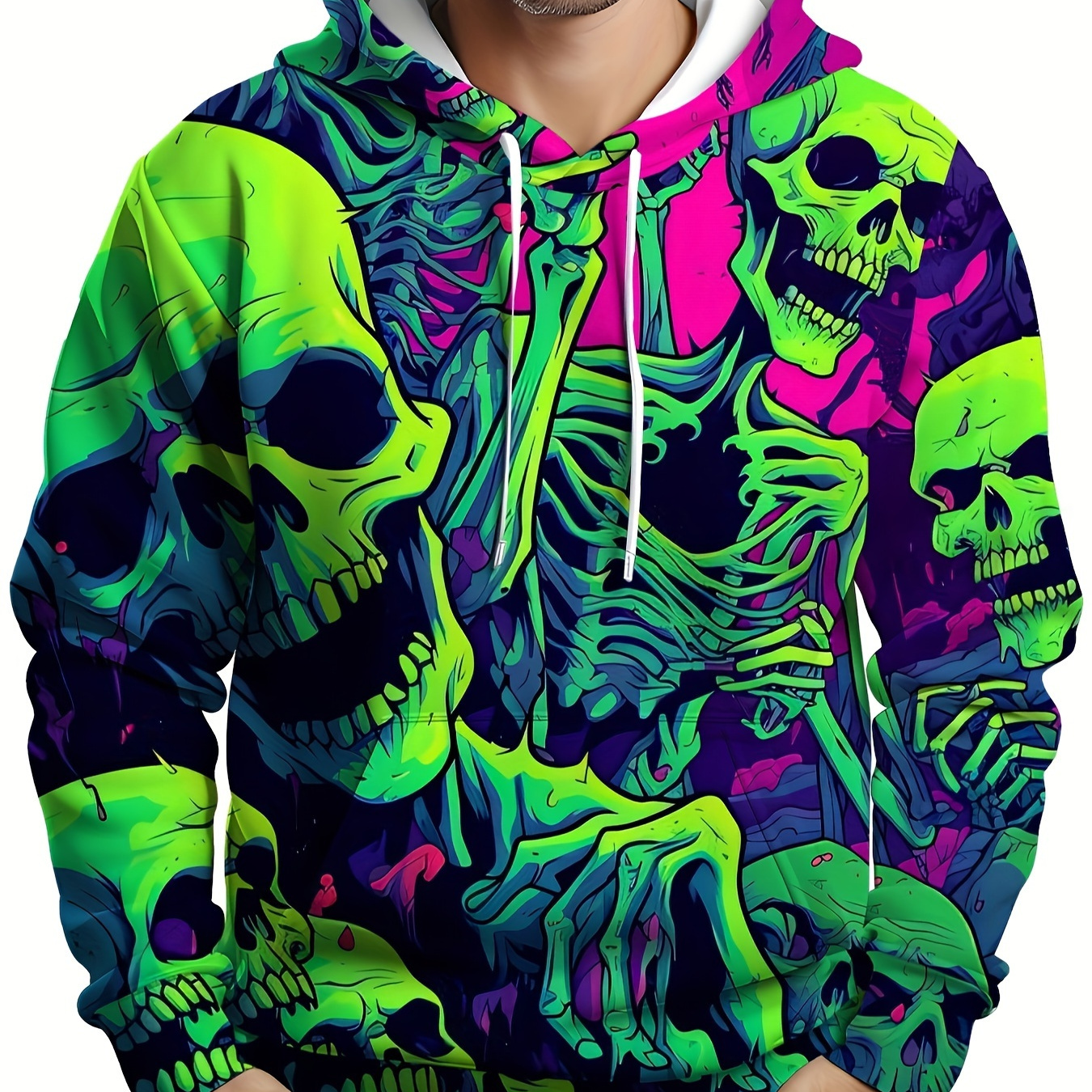 

Men's Plus Size Fashion Hoodie, 3d Skull , Casual Polyester Pullover With Drawstring, Stretch Knit Fabric, Cartoon Pattern, Pockets, Regular Fit, Sports & Hoodie Style