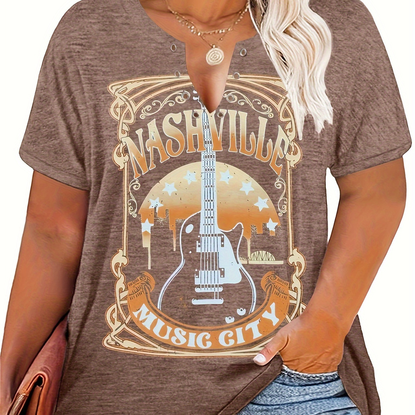 

Plus Size Nashville Print T-shirt, Casual Notched Neck Short Sleeve Top For , Women's Plus Size Clothing