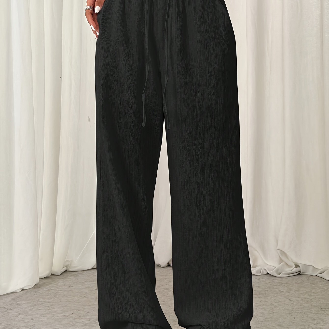 

Women's Casual Wide Leg Long Pants, 100% Polyester, Solid Color, Loose Fit With Drawstring Waist And Pockets, , Woven Fabric, 150g/m² - Ideal For Weekend Wear