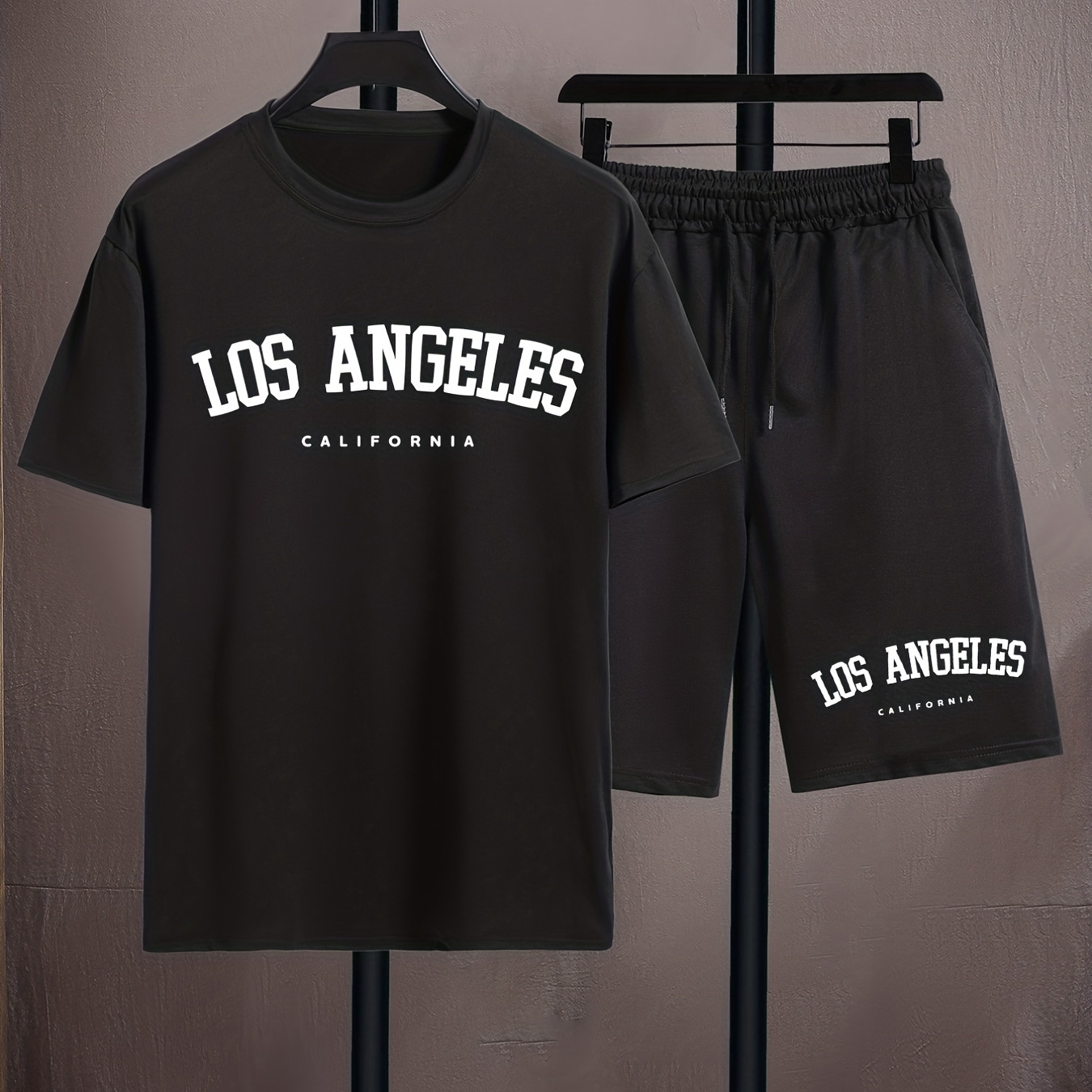 

''los Angeles'' Print, Men's 2pcs, Casual T-shirt And Loose Drawstring Shorts For Summer