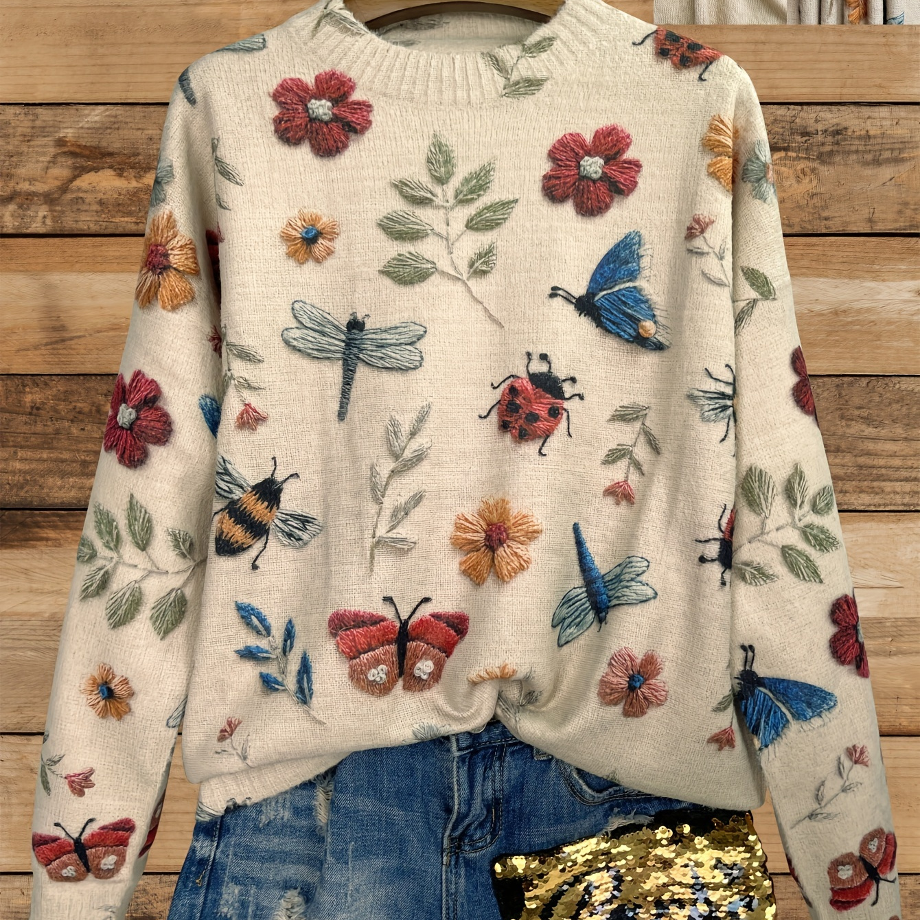 

Plus Size Allover Butterfly & Floral Pattern Thick Sweater, Casual Crew Neck Long Sleeve Top, Women's Plus Size clothing