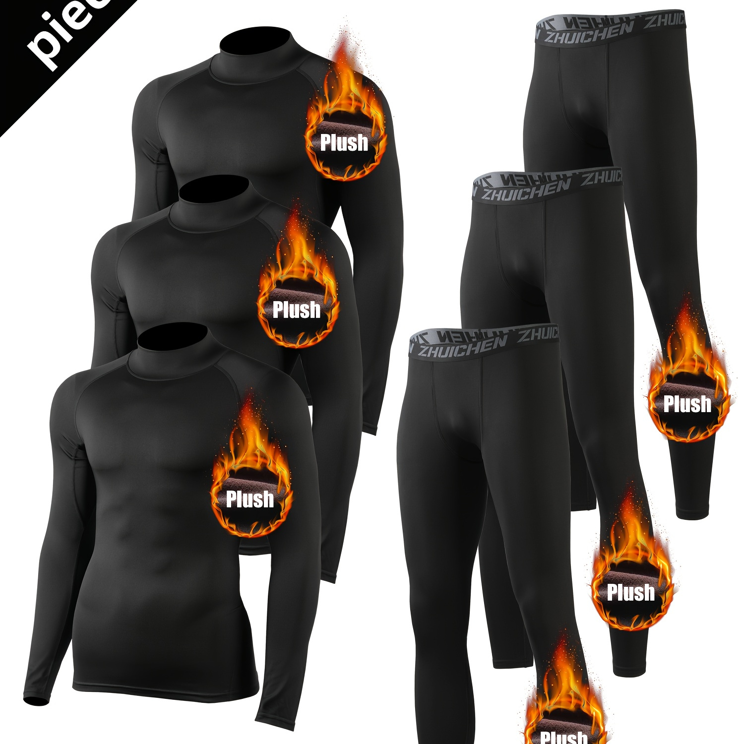 

6pcs Men's Fleece-lined Thermal Activewear Set - Long Sleeve, High Neck Top & Leggings For Running & Gym - Fall/winter