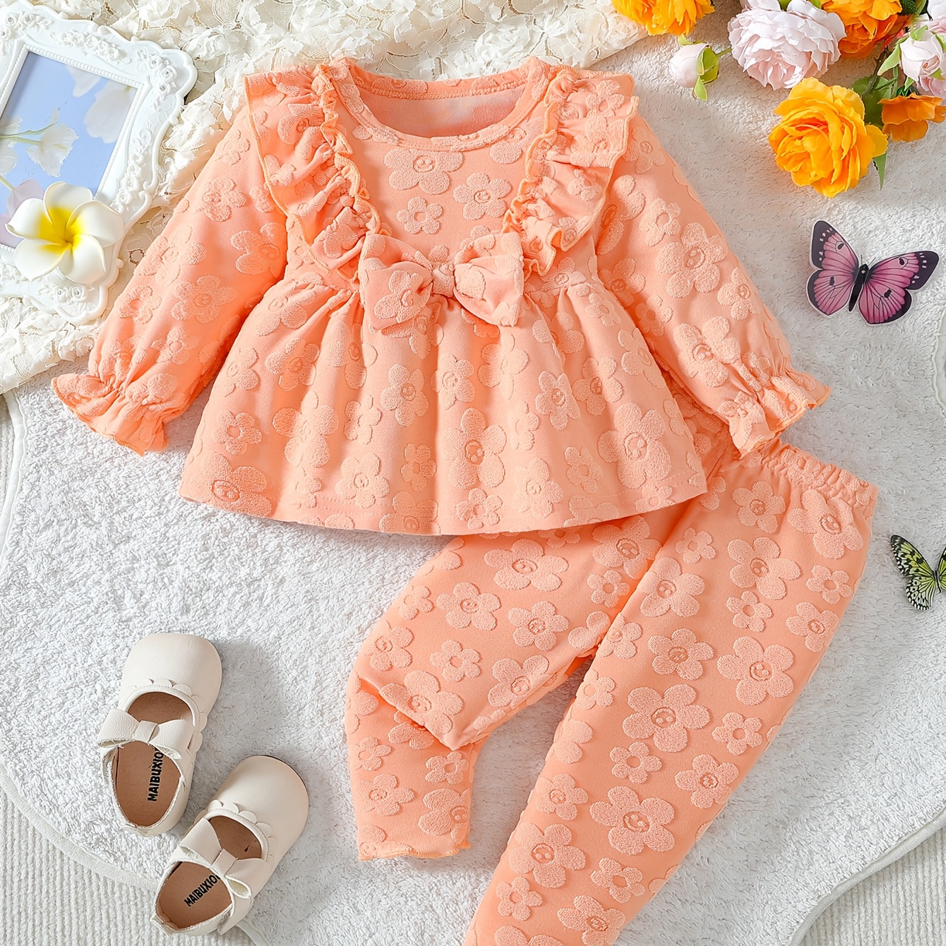 

Adorable Girls' 2pcs Set: Ruffle Long Sleeve Top & Comfy Pants - Stretchy, Non-transparent Polyester For Spring/fall, Outdoor